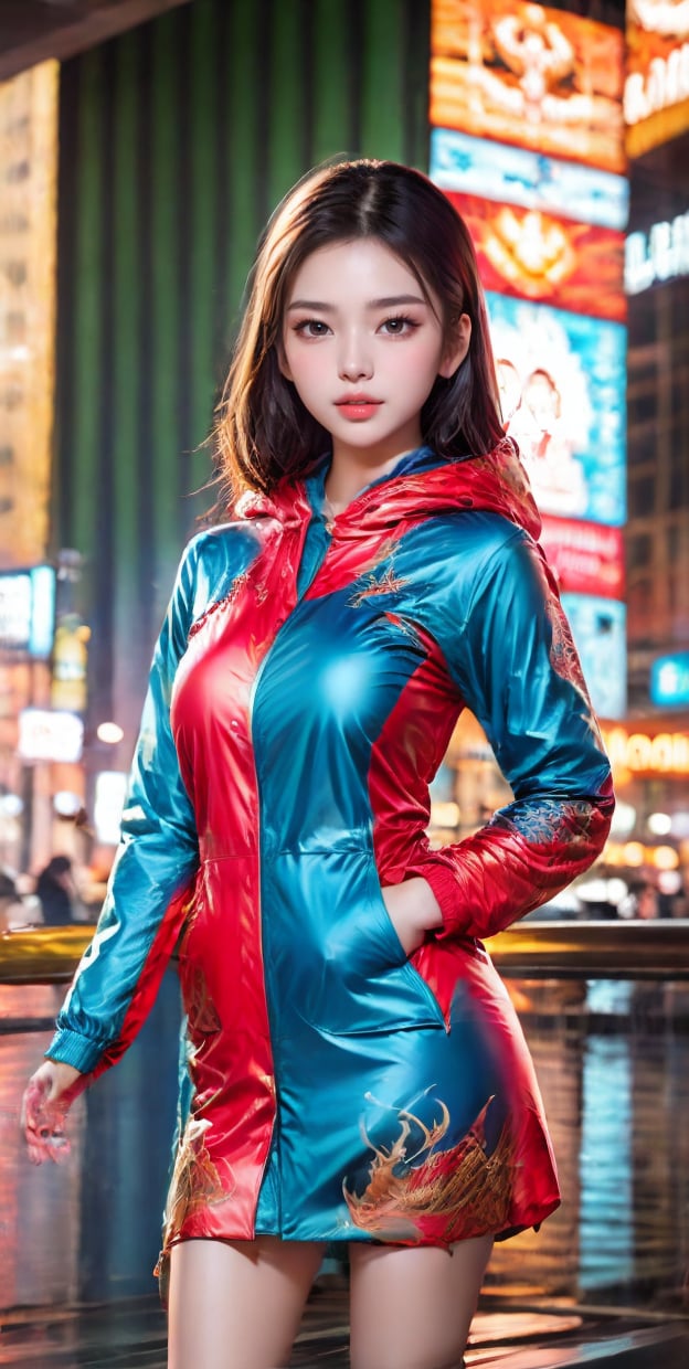 Ultra-high resolution, cinematic lighting,Woman wearing pink raincoat in Times Square,xxmix_girl,more detail XL, blue medium hair, mexican,Daughter of Dragon God