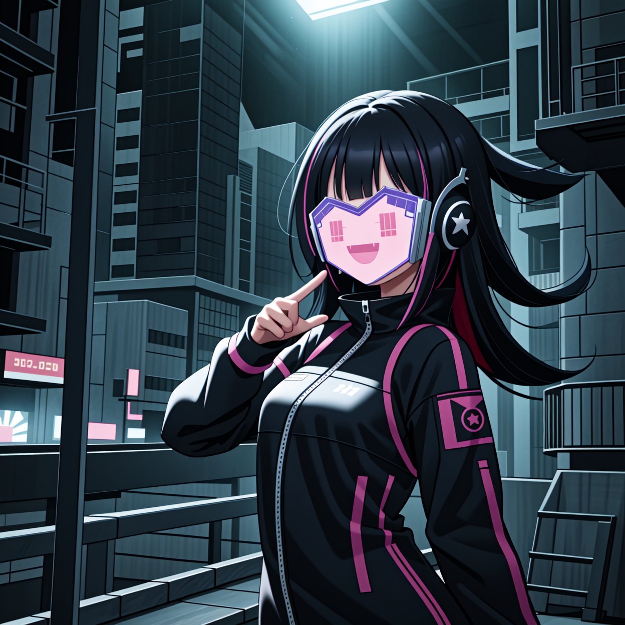 masterpiece, sci-fi, futuristic, cyberpunk, epic brutal, best quality, highly quality, (extremely detailed fine touch:1.2), 
BREAK, 
1girl, long hair, blue hair, (streaked_hair, red streaks), Holomask, holographic mask, head-mounted display, pink, glowing mask, :d, open mouth, smile, facing at viewer, black jacket, glowing clothes, waving, hand up, finger_pointing, pointing at self, 
BREAK, 
outdoor, city, urban, street, futuristic city, neon lighting, upper body, (cinematic lighting, dramatic lighting, epic lighting, light rays, ray tracing:1.2),<lora:659111690174031528:1.0>