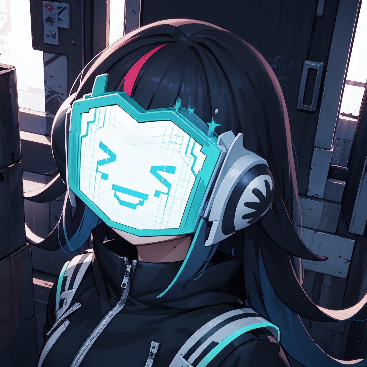 masterpiece, sci-fi, futuristic, cyberpunk, epic brutal, best quality, highly quality, (extremely detailed fine touch:1.2), 
BREAK, 
1girl, long hair, blue hair, (streaked_hair, red streaks), Holomask, holographic mask, head-mounted display, pink mask, glowing mask, > <, closed eyes, smile, facing at viewer, black jacket, arms at side, 
BREAK, 
outdoor, city, urban, street, futuristic city, neon lighting. pov, (close-up:1.4), (cinematic lighting, dramatic lighting, epic lighting, light rays, ray tracing:1.2)