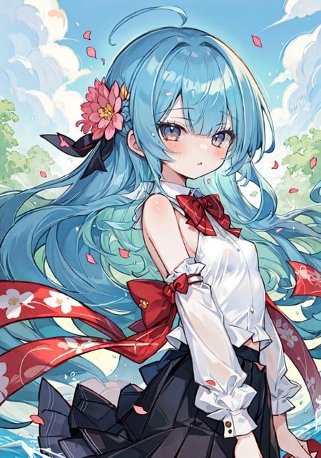 masterpiece, best quality, ultra-detailed, illustration, 1 girl, solo, an extremely delicate and beautiful, little girl, beautiful detailed sky, beautiful detailed eyes, side blunt bangs, hairs between eyes, ribbons, bowties, bare shoulders, small breasts, blank stare, pleated skirt, close to viewer, breeze, Flying splashes, Flying petals, wind, forest, epic clouds, (fine fabric emphasis:1.4),(watercolor:0.6), black eyes, blue hair,  <lora:realistic:-0.7>