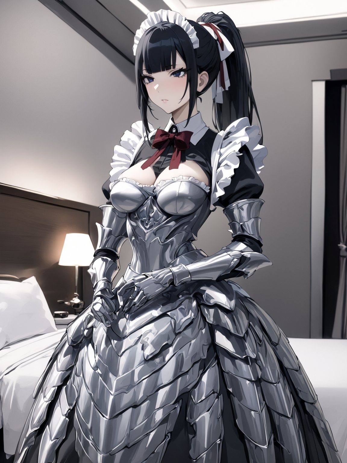 //Quality,
masterpiece, best quality, detailed
,//Character,
1girl, solo
,//Fashion,
,//Background,
hotel room
,//Others,
,narberal gamma \(overlord\), 1girl, long hair, black hair, glay eyes, bangs, ponytail, medium breats, ribbon, bow, maid, dress, armor, gloves, 