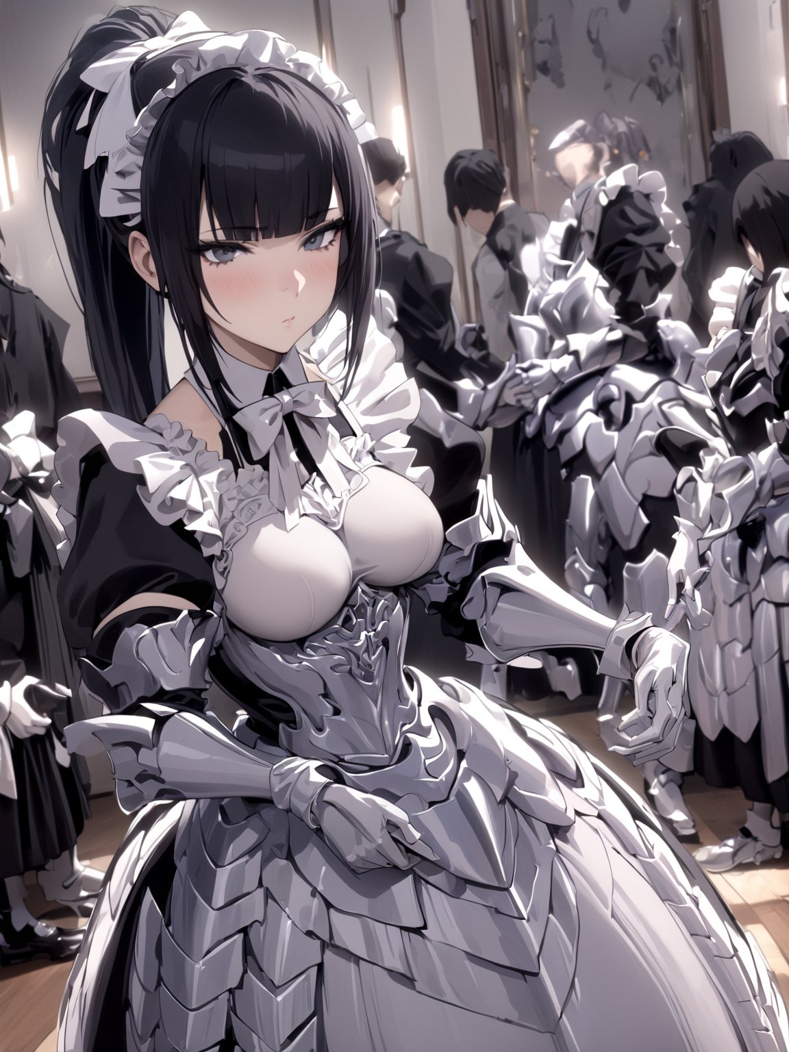 //Quality,
masterpiece, best quality, detailed
,//Character,
1girl, solo
,//Fashion,
,//Background,
indoors
,//Others,
,narberal gamma \(overlord\), 1girl, long hair, black hair, glay eyes, bangs, ponytail, medium breats, ribbon, bow, maid, dress, armor, gloves, 