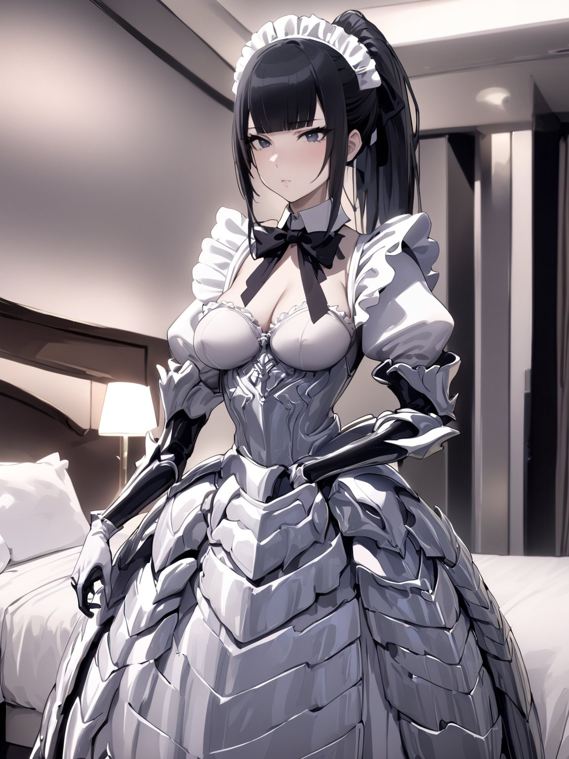 //Quality,
masterpiece, best quality, detailed
,//Character,
1girl, solo
,//Fashion,
,//Background,
hotel room
,//Others,
,narberal gamma \(overlord\), 1girl, long hair, black hair, glay eyes, bangs, ponytail, medium breats, ribbon, bow, maid, dress, armor, gloves, 