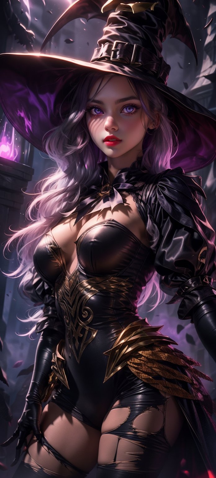 1girl, (masterpiece, top quality, best quality, beautiful and aesthetic), extremely detailed, hyper realistic, (Cinmatic:0.4), (Dark and intense:1.2), cowboy shot, detailed face, (witch hat, hat, long_hair, white_hair),  black dress, leotard, cleavage,strapless_dress, (light purple glowing eyes), foggy, eerie, haloween style,
,More Detail, Wizard, witch, mage, magic, ((puffy_sleeves)), fingerless_gloves, torn_pantyhose, torn_stockings, stockings_rebel,perfect light