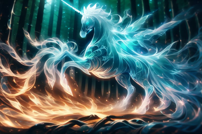 Unicorn in dark forest, shimmering light shining , the body was full of zen tangles patterns, shine. 
4 legs , trying to jump
With shining long hair and wavy tails
Masterpiece, 8k , full of details 