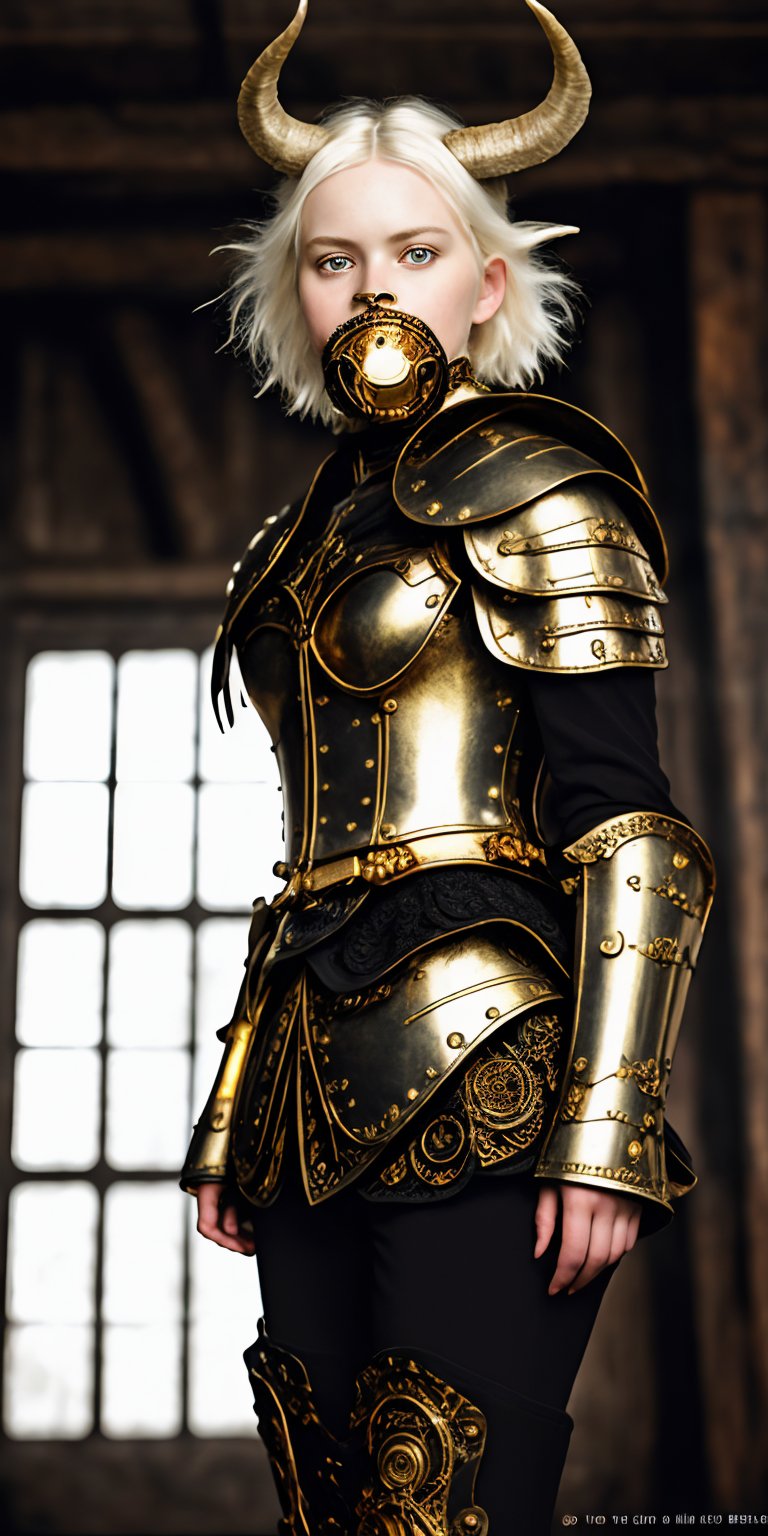 ((full body)), short messy hair, 1 girl, (masterful), blur background, black_hair, albino demon girl,slit pupil eyes,Intricate Iris Details,heterochromia_iridis,(gas mask),(long intricate horns:1.2) ,pure white hair,Wearing Medieval black Knight Armor,Gold carved full plate Armor, best quality, highest quality, extremely detailed CG unity 8k wallpaper, detailed and intricate, ,steampunk style,gold_art,photorealistic,Detailedface
