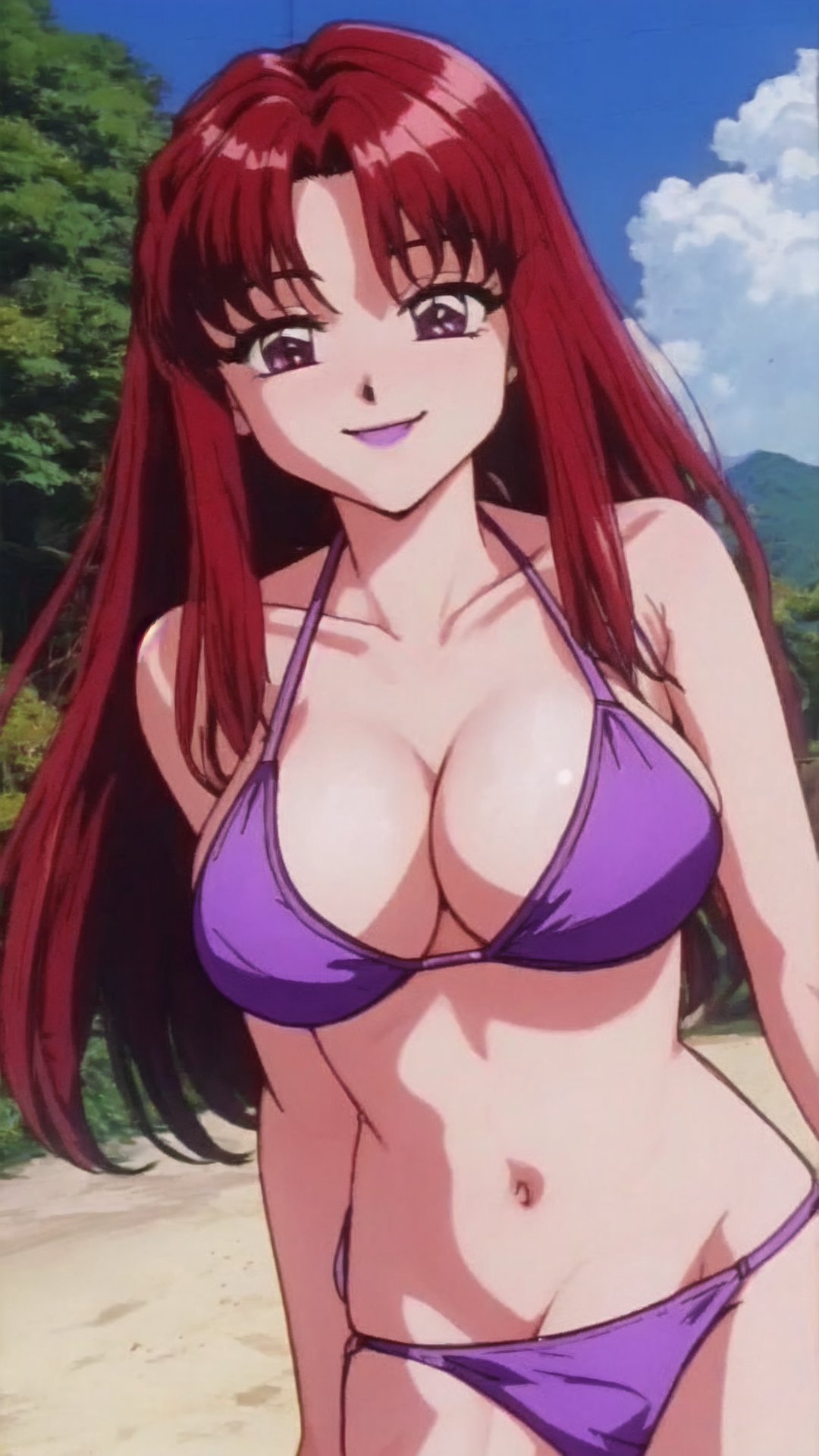 Hasegawa Hanako,  smile,  Red Hair,  Long Hair,  Light Purple Eyes,  Big Breasts,  Cleavage,  bikini,<lora:EMS-287787-EMS:0.800000>