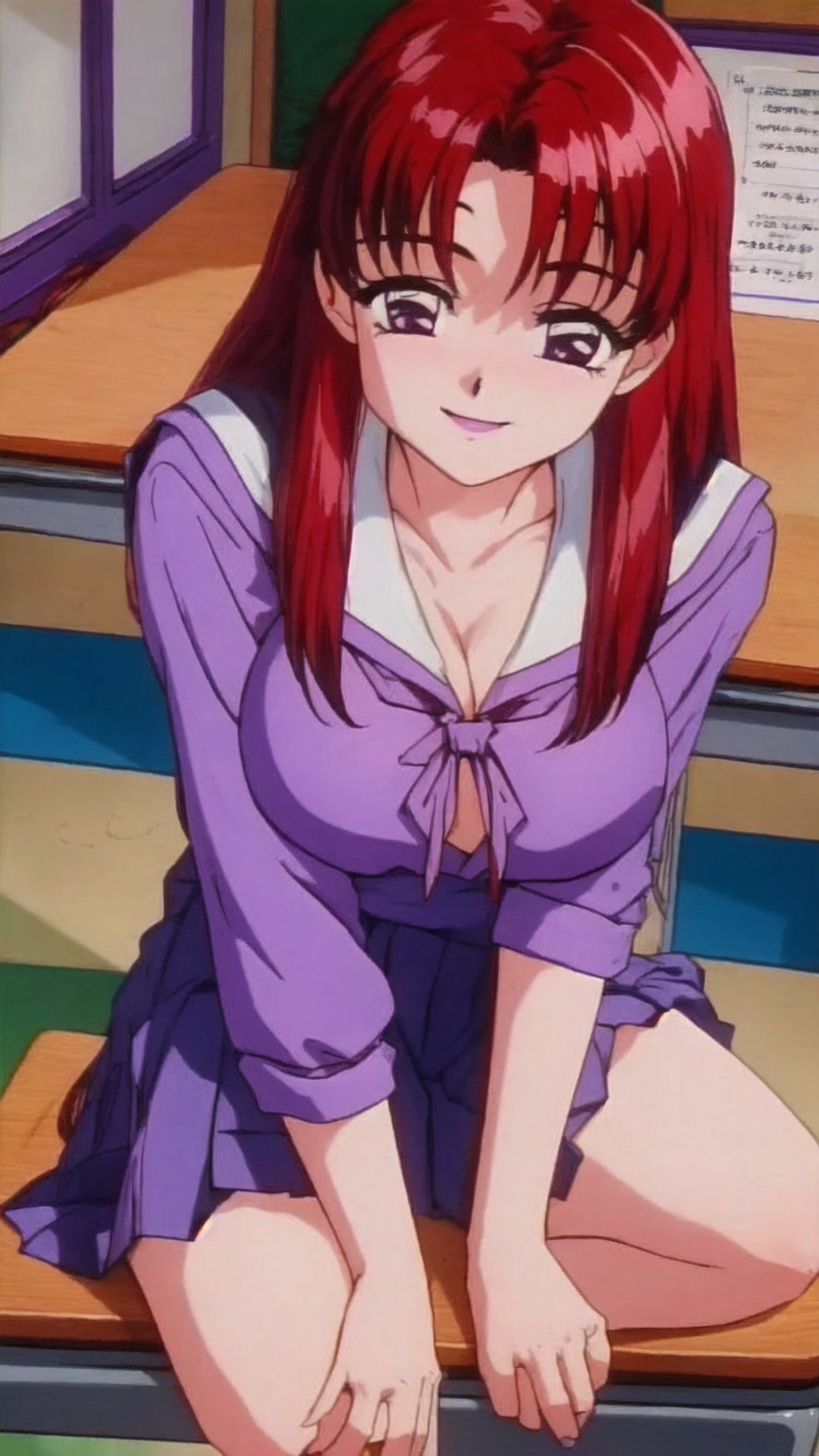 Hasegawa Hanako,  smile,  Red Hair,  Long Hair,  Light Purple Eyes,  Big Breasts,  Cleavage,  school uniform,  sit on desk,  in the classroom,<lora:EMS-287787-EMS:0.800000>
