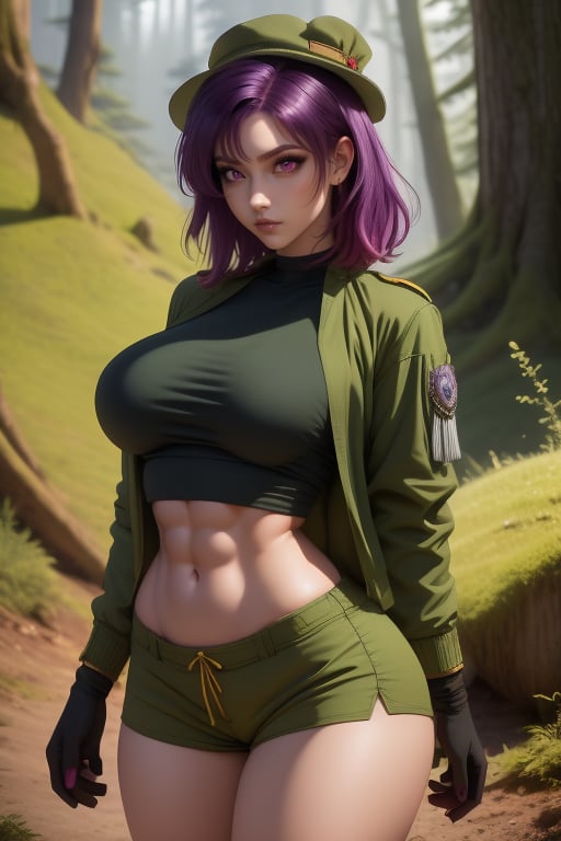 Kyuo Ryu is a beautiful woman, 19 years old, pretty face, tall and curvy, bbw.  She is wearing a green hat with a black stripe, short red_purple hair, red_purple eyes. She is an explorer, ranger, rogue. she is wearing a light green shirt. She is wearing a loose olive green jacket with silver trim, she is wearing black gloves. She wears olive green shorts. She has big breasts, six-pack abs, wide hips, big ass, round ass. In the background, a medieval fantasy landscape and a forest with interactive elements. Interactive image, detailed image. sciamano240, 1 girl, kyuo ryu