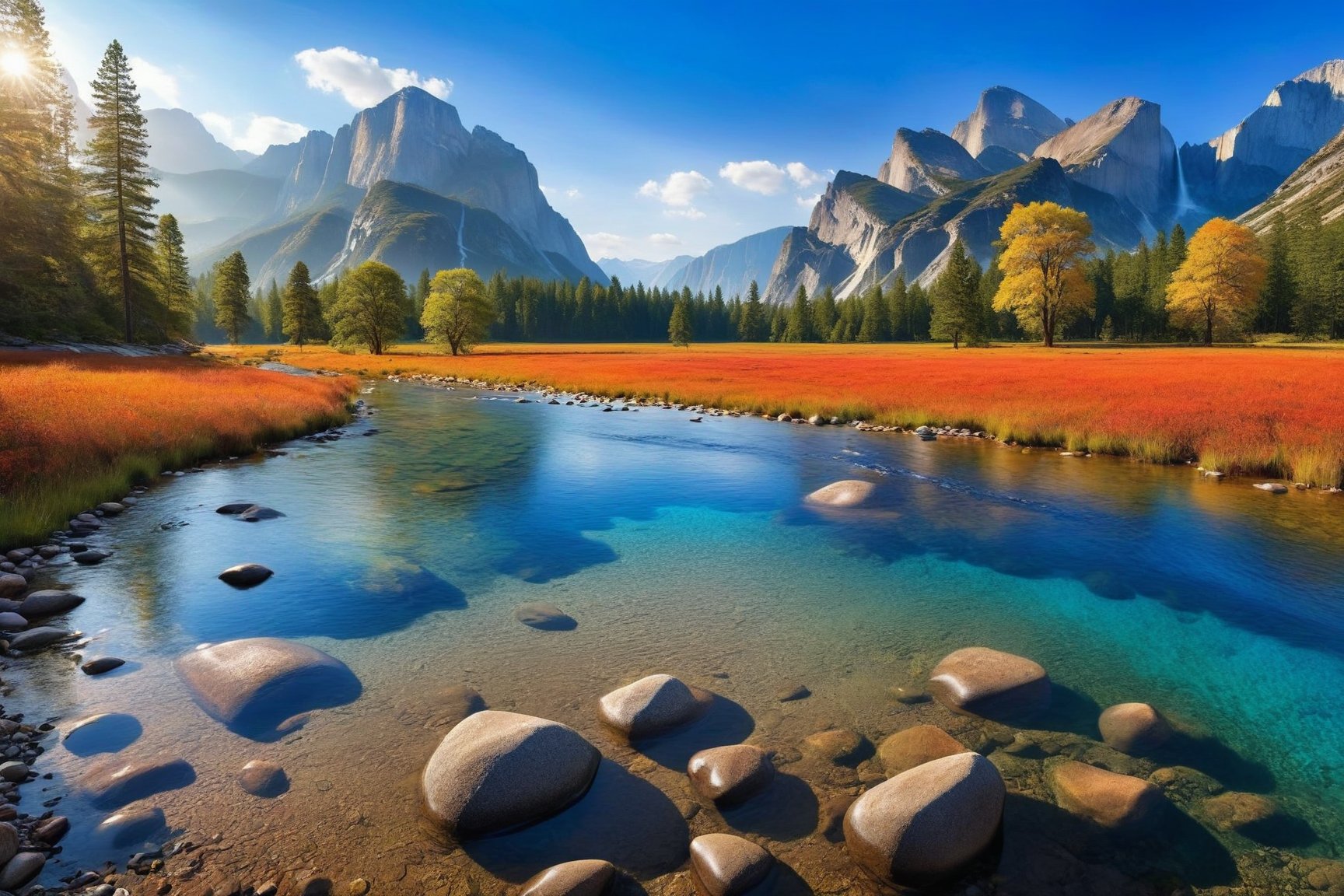 ((Hyper-Realistic)) photo of beautiful national park with mountain,river,lake,blue sky,forest,reflection and rock
BREAK 
aesthetic,rule of thirds,depth of perspective,perfect composition,studio photo,trending on artstation,cinematic lighting,(Hyper-realistic photography,masterpiece, photorealistic,ultra-detailed,intricate details,16K,sharp focus,high contrast,kodachrome 800,HDR:1.2),real_booster,y0sem1te,v1sta2