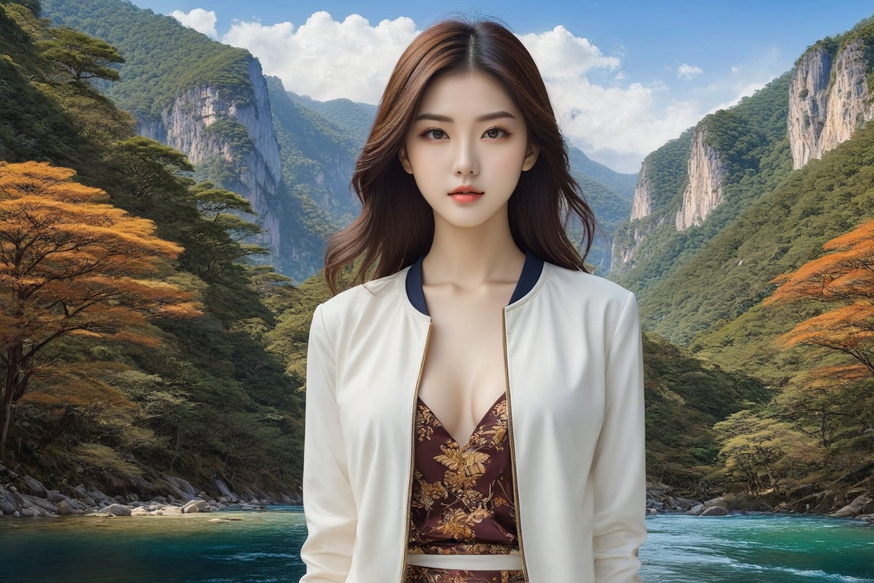 ((Hyper-Realistic)) photo of a beautiful girl standing in a national park,(kirishima touka),20yo,detailed exquisite face,detailed soft skin,hourglass figure,perfect female form,model body,(perfect hands:1.2),(elegant jacket, shirt and skirt),(backdrop: beautiful mountain with river,lake,tree, forest,rock and reflection in water),(girl and mountain focus),v1sta3
BREAK 
aesthetic,rule of thirds,depth of perspective,perfect composition,studio photo,trending on artstation,cinematic lighting,(Hyper-realistic photography,masterpiece, photorealistic,ultra-detailed,intricate details,16K,sharp focus,high contrast,kodachrome 800,HDR:1.2),by Karol Bak,Gustav Klimt and Hayao Miyazaki, real_booster,art_booster,ani_booster,y0sem1te,H effect