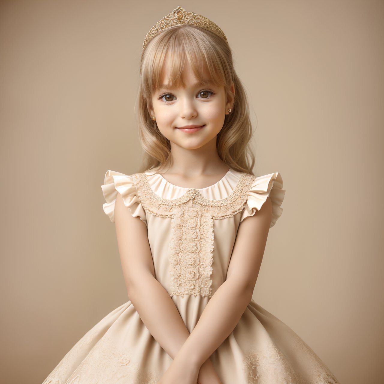 SFW, best quality, extra resolution, distant short of cute (AIDA_LoRA_AnC:1.04) <lora:AIDA_LoRA_AnC:0.77> posing for a picture on beige background, beige drape on the background, little girl, pretty face, beautiful child, Victorian dress with intricate pattern, tiara, naughty, funny, happy, playful, (elegant hands:1.1) with detailed fingers, insane level of details, getty images