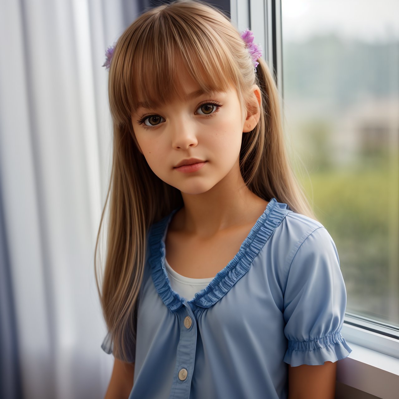 SFW, (masterpiece:1.3), extra resolution, view from above of seductive (AIDA_LoRA_AnC:1.11) <lora:AIDA_LoRA_AnC:0.93> wearing a blue shirt and standing next to the window, window covered with gray curtains, backlight, little girl, pretty face, intimate, cinematic, dramatic, hyper realistic, studio photo, kkw-ph1, hdr, f1.7, getty images