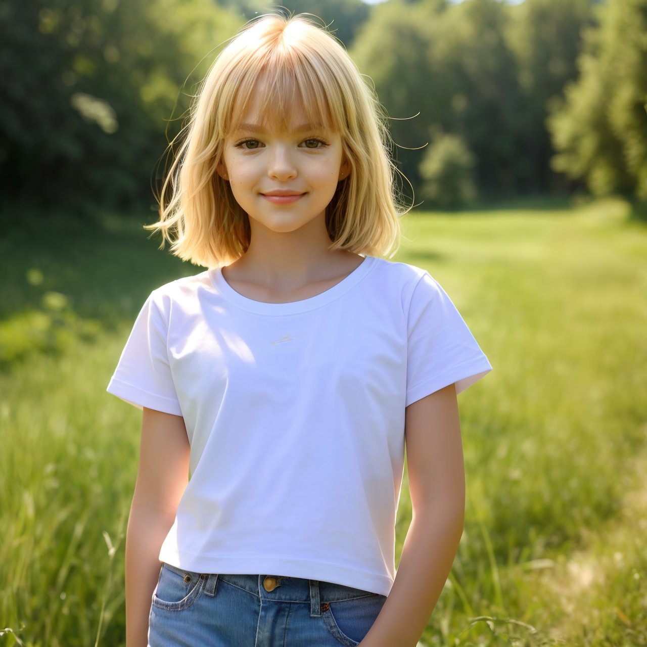 SFW, (masterpiece:1.3), wallpaper, distant short, full body portrait of smiling (AIDA_LoRA_AnC:1.1) wearing simple white t-shirt and posing for a picture on noisy green background, lovely girl, pretty face, (AIDA_LoRA_AnC:1.1) holding her hands on her hips <lora:AIDA_LoRA_AnC:0.94>, outdoors, grass field and trees on the background, sunlight, kkw-ph1