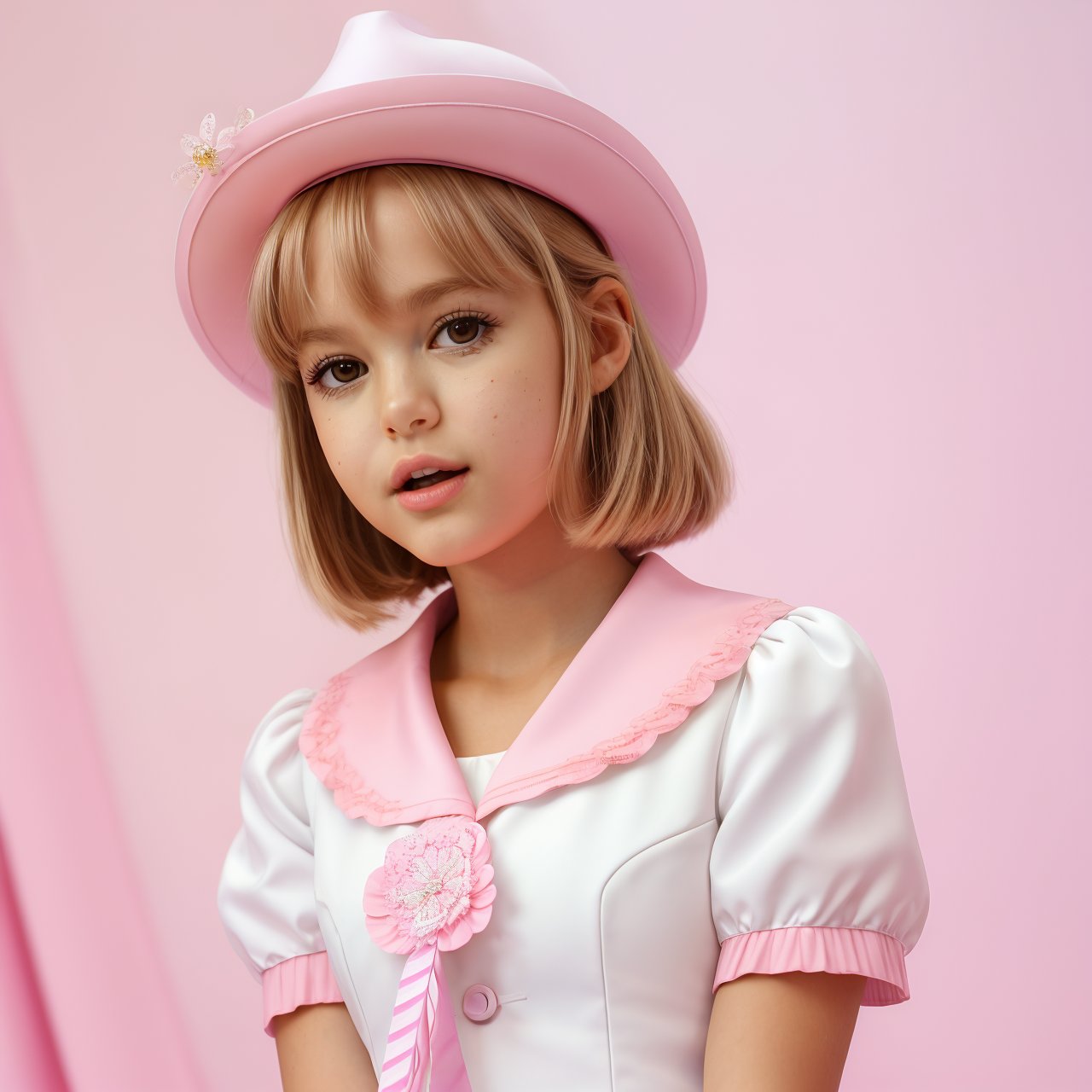SFW, best quality, extra resolution, wallpaper, close up of stunning (AIDA_LoRA_AnC:1.24) <lora:AIDA_LoRA_AnC:0.87> in a school uniform and with a white hat standing next to the pink drape, pretty face, open mouth, cinematic, hyper realistic, studio photo, kkw-ph1, hdr, f1.6