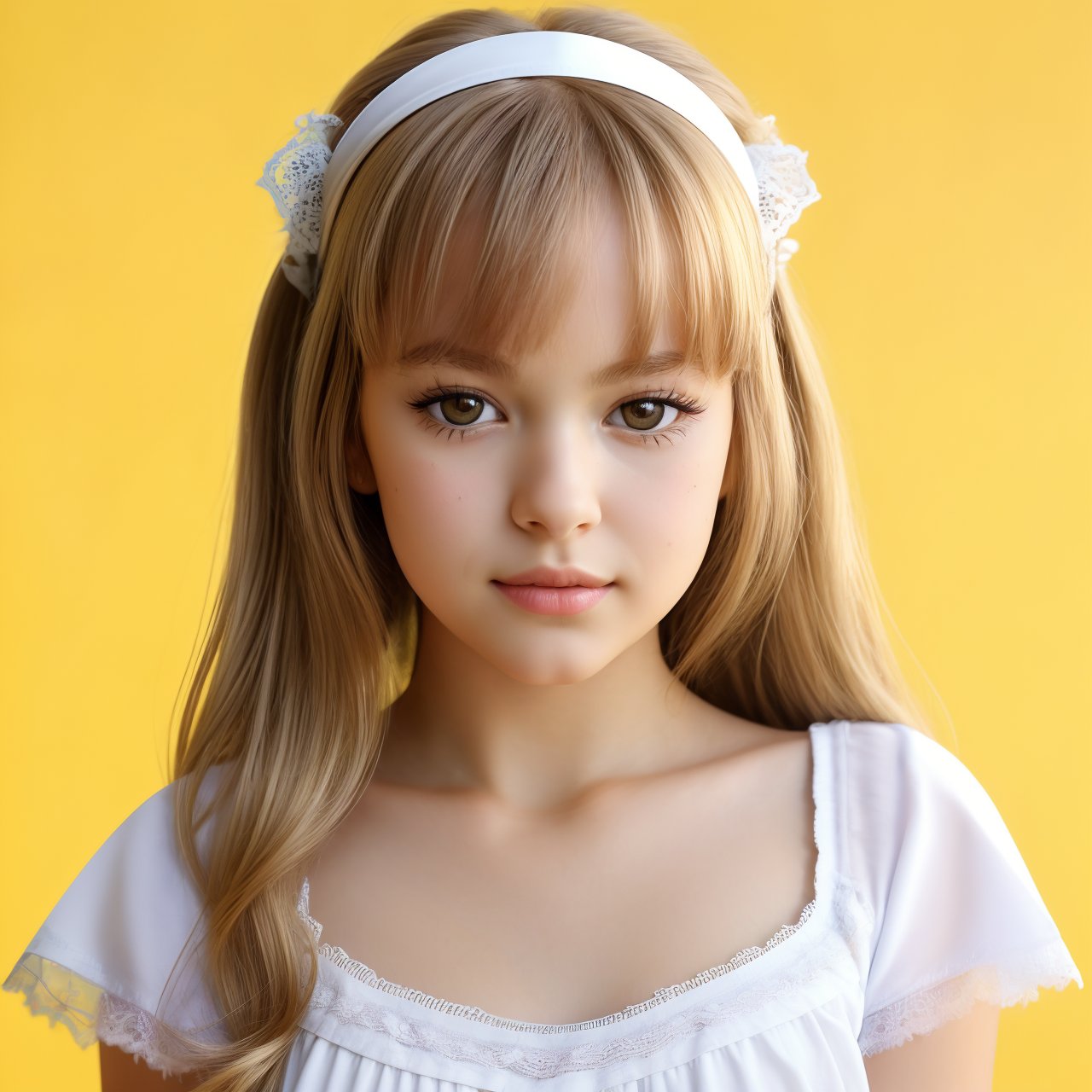 SFW, (masterpiece:1.3), best quality, extra resolution, wallpaper, looking back, close up portrait of seductive (AIDA_LoRA_AnC:1.25) <lora:AIDA_LoRA_AnC:0.70> in a white t-shirt and with a white lace headband posing for a picture on yellow background, blurry yellow background, young teen girl, pretty face, open mouth, insane level of details, studio photo, kkw-ph1, hdr, f1.8 , getty images