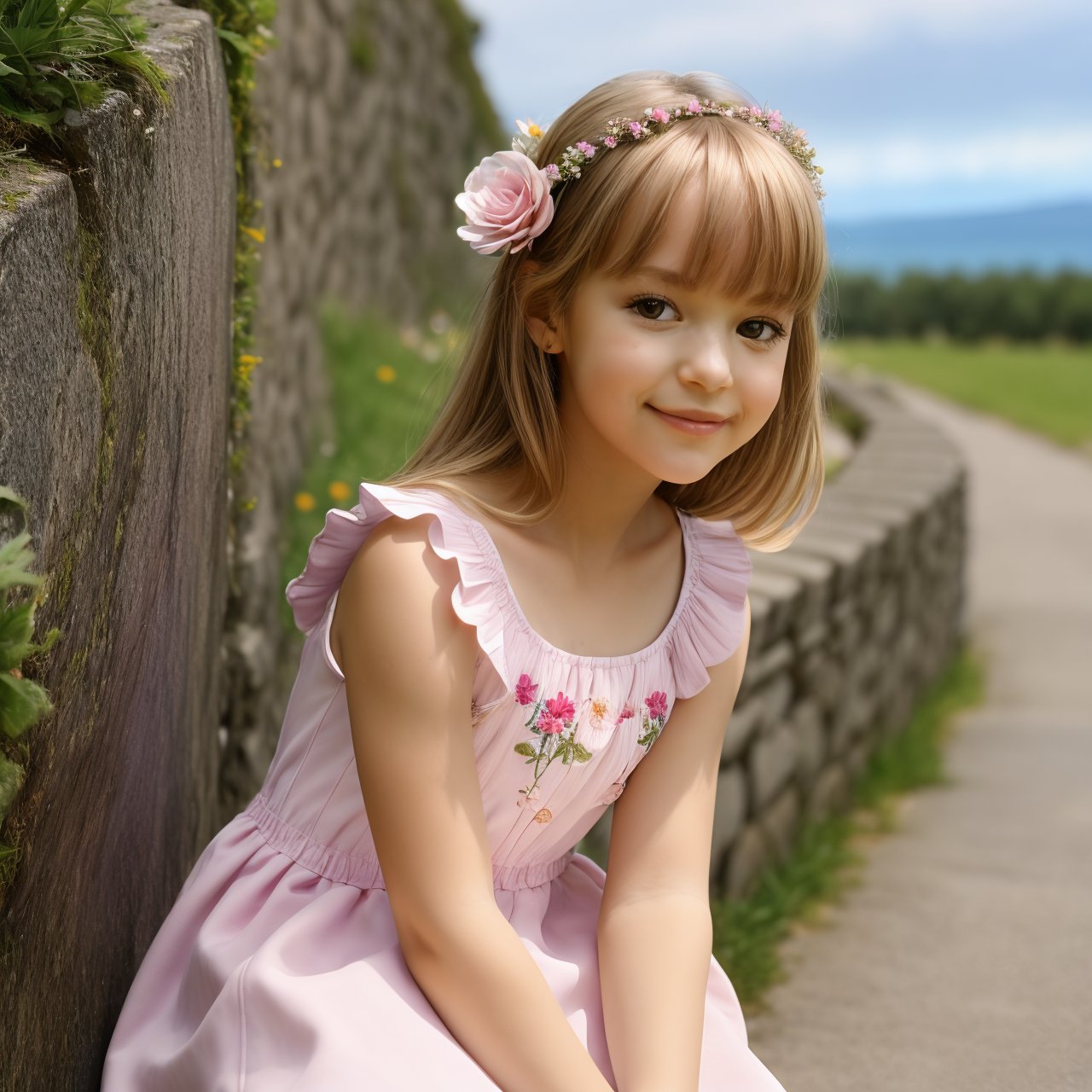 SFW, (masterpiece:1.3), HD quality, HD, HQ, 4K, close up of charming (AIDA_LoRA_AnC:1.25) <lora:AIDA_LoRA_AnC:0.85> wearing a dress with flower pattern and standing next to the stone wall, leaning on wall, outdoors, sunlight, building, on the street, little girl, naughty, funny, happy, playful, intimate, flirting with camera, intricate pattern, kkw-ph1