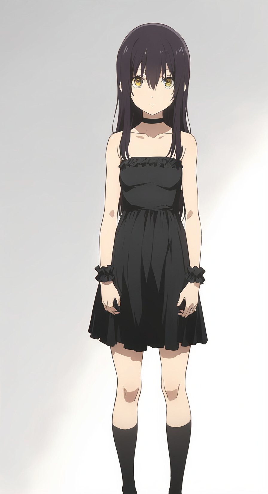 white background,  masterpiece,  best quality,  @Chane,  Cal Devens,  kids ver,  Chane Laforet Adult-Ver,  1girl,  solo,  yellow eyes,  black hair,  long hair,  hair between eyes,  choker,  cute black dress,  chane kids-ver black dress,  black ruffle wrist cuffs,  ((white background)),  black dress,  fullbody,  standing,  simple background,  dress covered thighs,  dress covered thighs,  closed thighs,  short dress,  very long black shock,  stocking,  long black socks,  knee high socks,  black shoes,  long dress,  black braclet,  Visual Anime,  anime_screencap,  Chane Laforet Kids-Ver,<lora:EMS-284334-EMS:0.700000>,<lora:EMS-288925-EMS:0.800000>