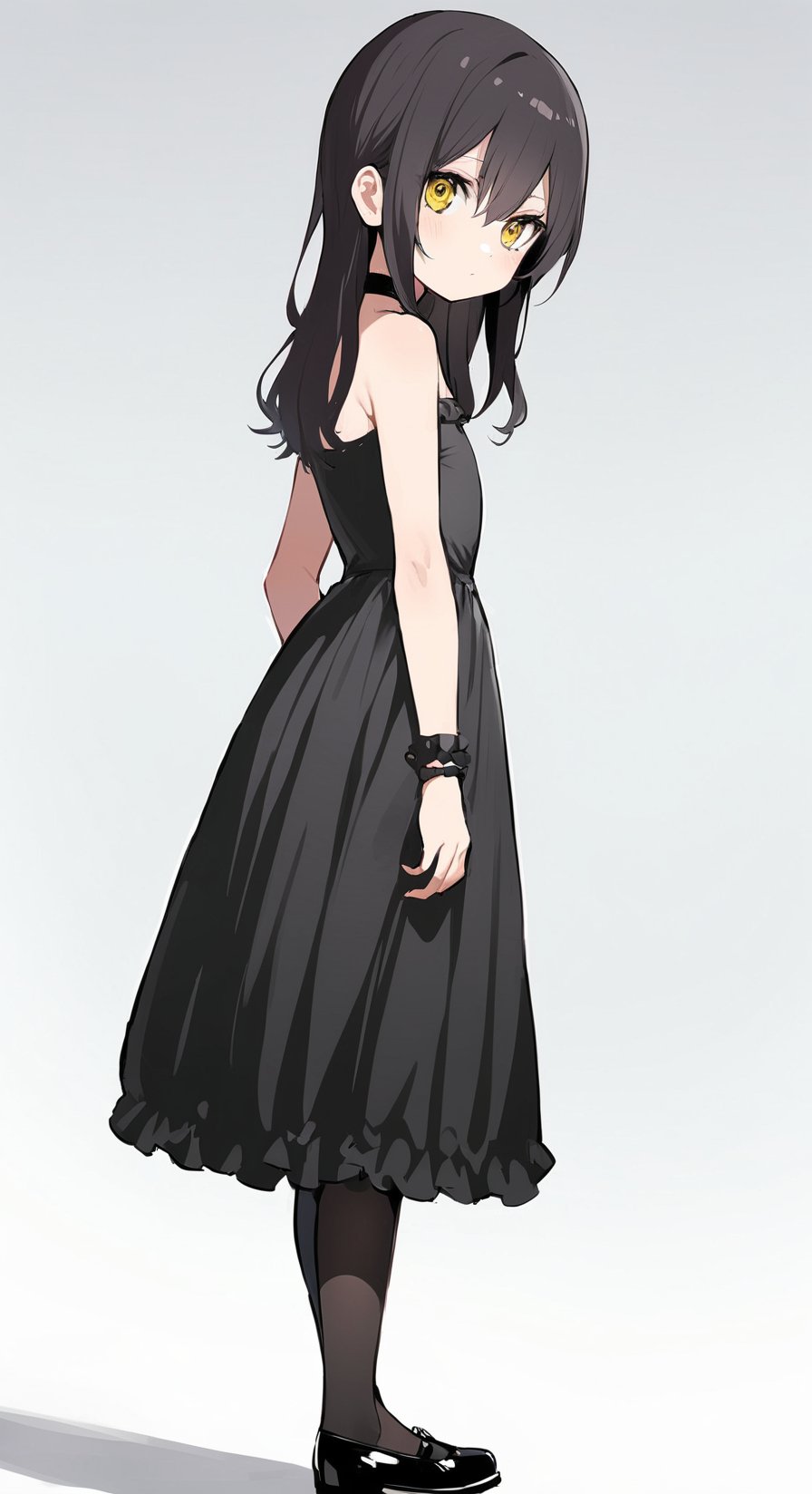 white background,  masterpiece,  best quality,  @Chane,  kids ver,  Chane Laforet,  1girl,  solo,  yellow eyes,  black hair,  long hair,  hair between eyes,  choker,  cute black dress,  chane kids-ver black dress,  closed mouth,  white background,  looking at view,  simple background,  standing,  fullbody,  black ruffle wrist cuffs,  long black socks,  knee high socks,  black pantyhose,  black shoes,  black braclet,  long dress,  Chane Laforet Kids-Ver,<lora:EMS-284334-EMS:0.700000>,<lora:EMS-288925-EMS:0.800000>