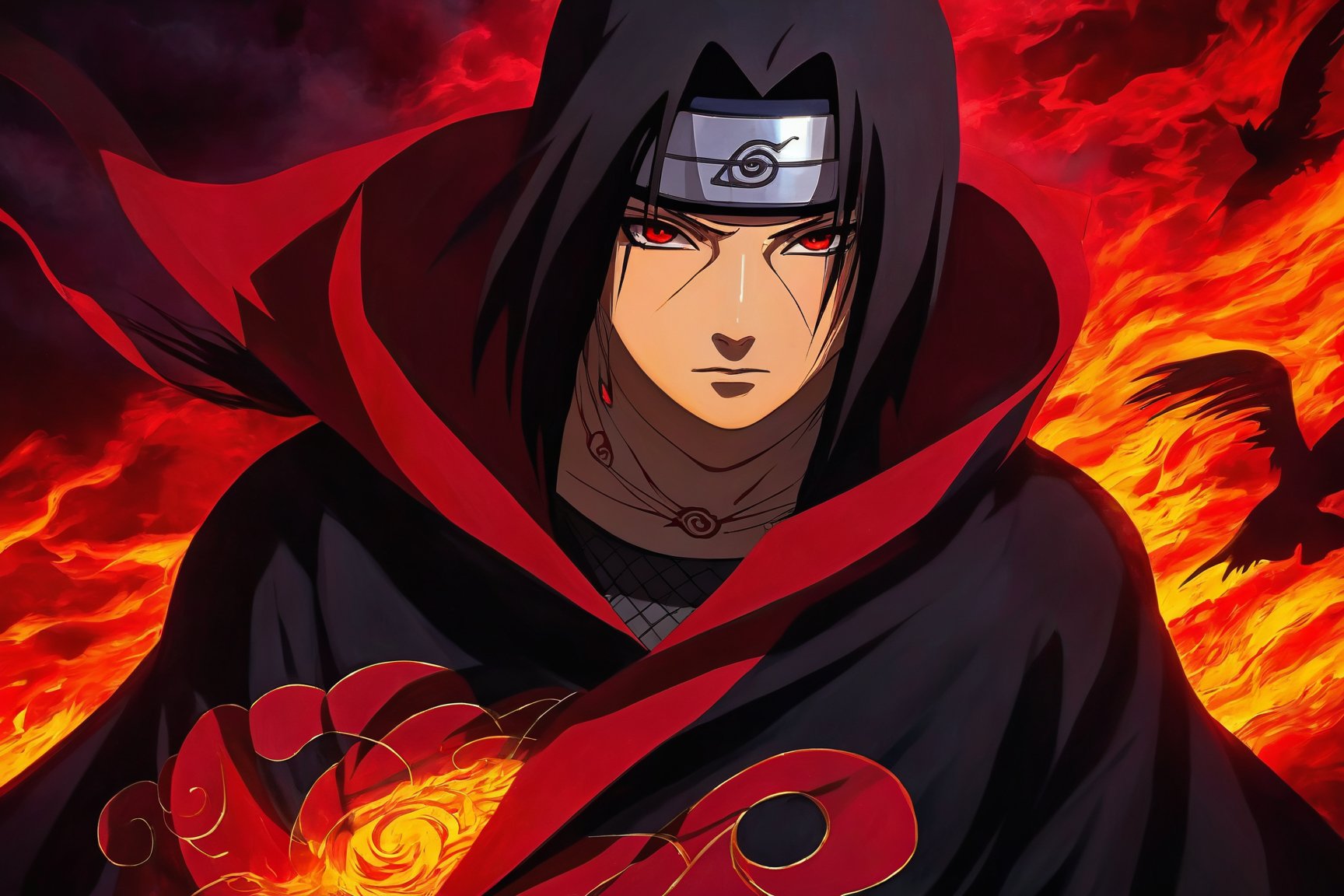 Itachi Uchiha, Sharingan eyes, blood moon background, close up, portrait, piercing gaze, intense expression, dark and mysterious atmosphere, black hair, flowing in the wind, red and black cloak, embroidered Uchiha clan symbol, detailed facial features, strong and defined jawline, intense stare, red iris with three black tomoe, illusionary powers, powerful ninja, skilled in fire style jutsu, mysterious aura, strong presence, deep shadows, dramatic lighting, haunting beauty, high contrast, chiaroscuro effect, vibrant red color scheme, ominous and eerie mood, masterful painting techniques, oil on canvas, hyperrealistic style, finest brushstrokes, intricate details, supernatural element, enigma, epic and captivating artwork. (best quality, 4k, highres, realistic:1.2), ultra-detailed, vivid colors, studio lighting