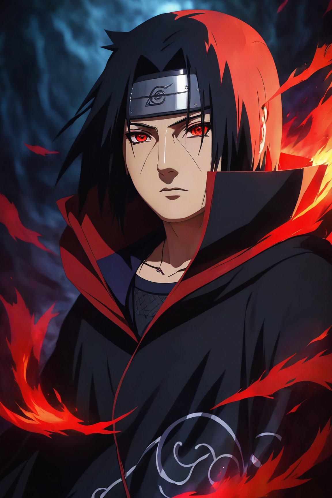 (realistic,portrait:1.2), Itachi Uchiha, detailed facial features, Sharingan eyes, black spiky hair, intense gaze, expressionless face, flowing cloak, mysterious background, dark color palette, dramatic lighting, high contrast, vivid colors, fine details, emotionally captivating, skilled ninja, powerful aura, profound character