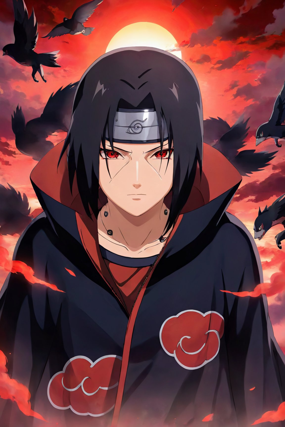 Itachi Uchiha, a powerful figure from the anime world, stands tall in a dynamic pose. His piercing, red Sharingan eyes gleam with intense detail, capturing the essence of his character. The Uchiha clan's trademark black hair, styled with meticulous precision, frames Itachi's face. His sharp, defined facial features - from his strong jawline to his high cheekbones - add depth and realism to his likeness. Dressed in his iconic black Akatsuki cloak, decorated with red clouds, Itachi exudes an aura of mystery and intrigue