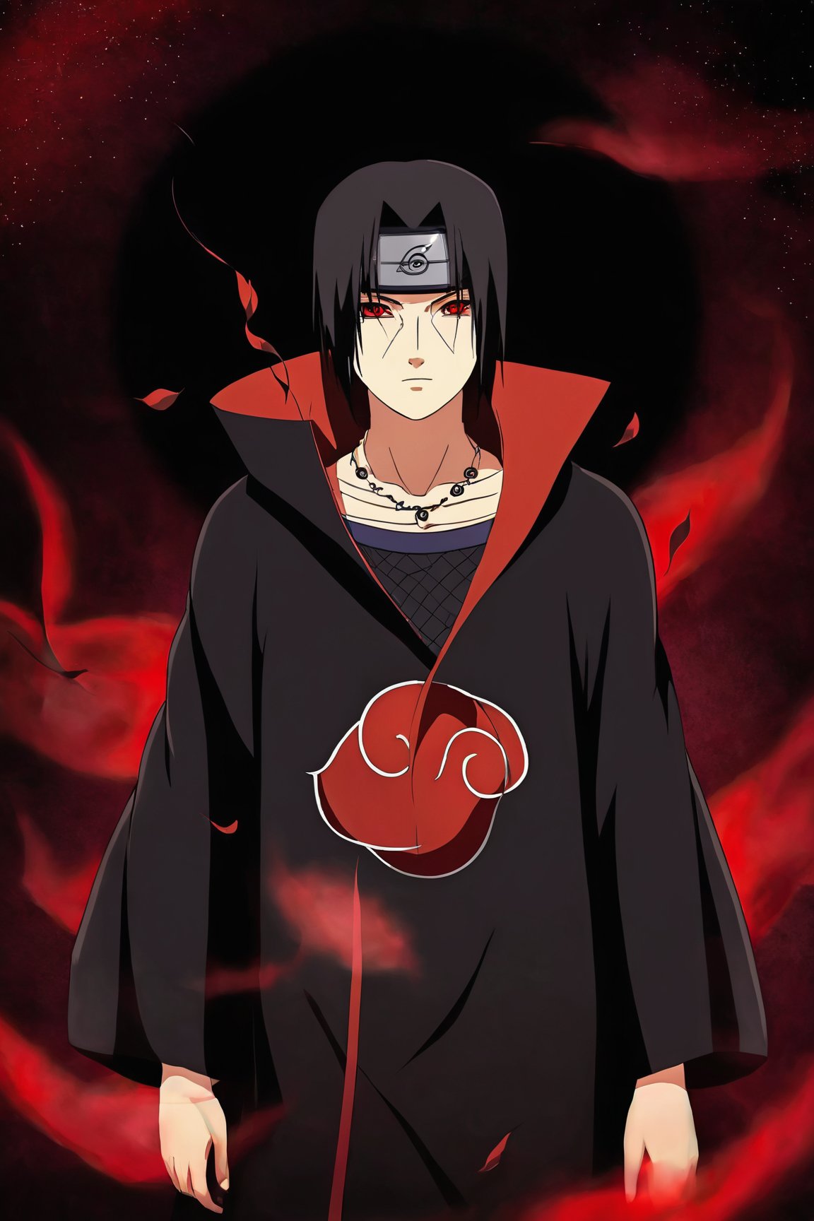 Itachi Uchiha,Sharingan eyes, solo,looking at viewer,simple background,black hair,red eyes,long sleeves,1boy,jewelry,closed mouth,male focus,necklace,black background,yin yang,forehead protector,konohagakure symbol