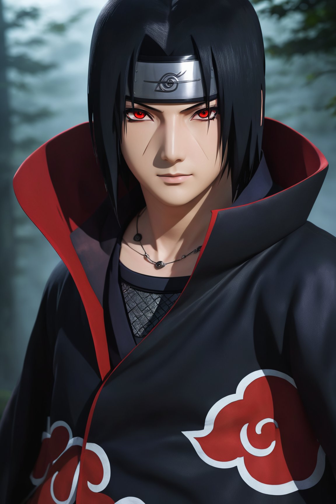 Itachi Uchiha,3D realistic portrait, mesmerizing eyes,detailed facial features,intense gaze,flowing black hair,expressive eyebrows,sharp sharingan,subtle smile,mysterious aura,unique attire,smooth skin texture,high-definition rendering,perfect lighting,layered shadows,dramatic color scheme,additional fog effect,attention to minute details,striking contrast,breathtaking artistry,masterpiece quality.