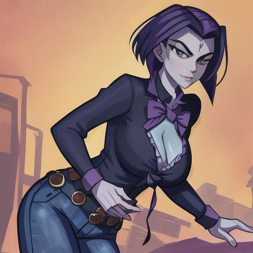 raven (dc), cowboy shot, masterpiece, best quality, toned, grey skin, purple hair, shirt tied with a noose, Tied_Shirt, farm, jeans, wearing a tied_shirt, cleavage, barn, purple flannel, black stripes, 