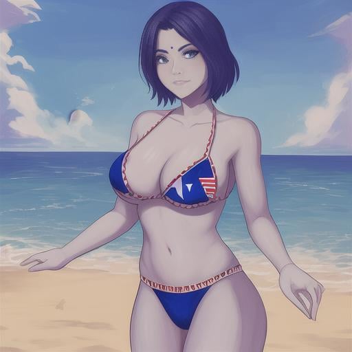 raven (dc), cowboy shot,  bikini, beach, american flag bikini,  masterpiece, best quality, toned, 