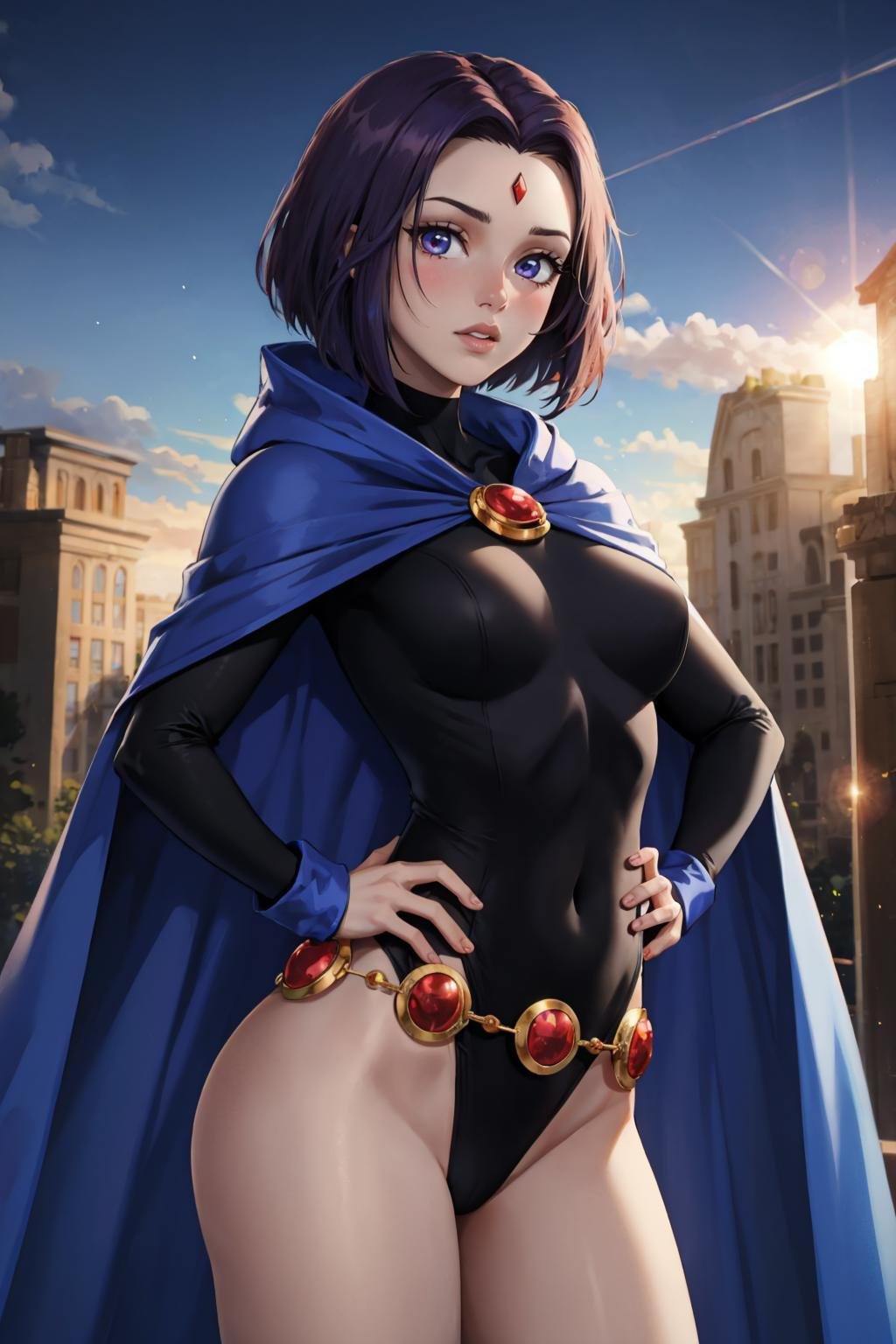 masterpiece, best quality, outdoors, lens flare, light particles, depth of field, 1girl, solo, looking at viewer, breasts, <lora:ravdc-guy-v2:1>, ravdc, grey skin, forehead jewel, cape, leotard, belt, hands on hips, blue cape, 