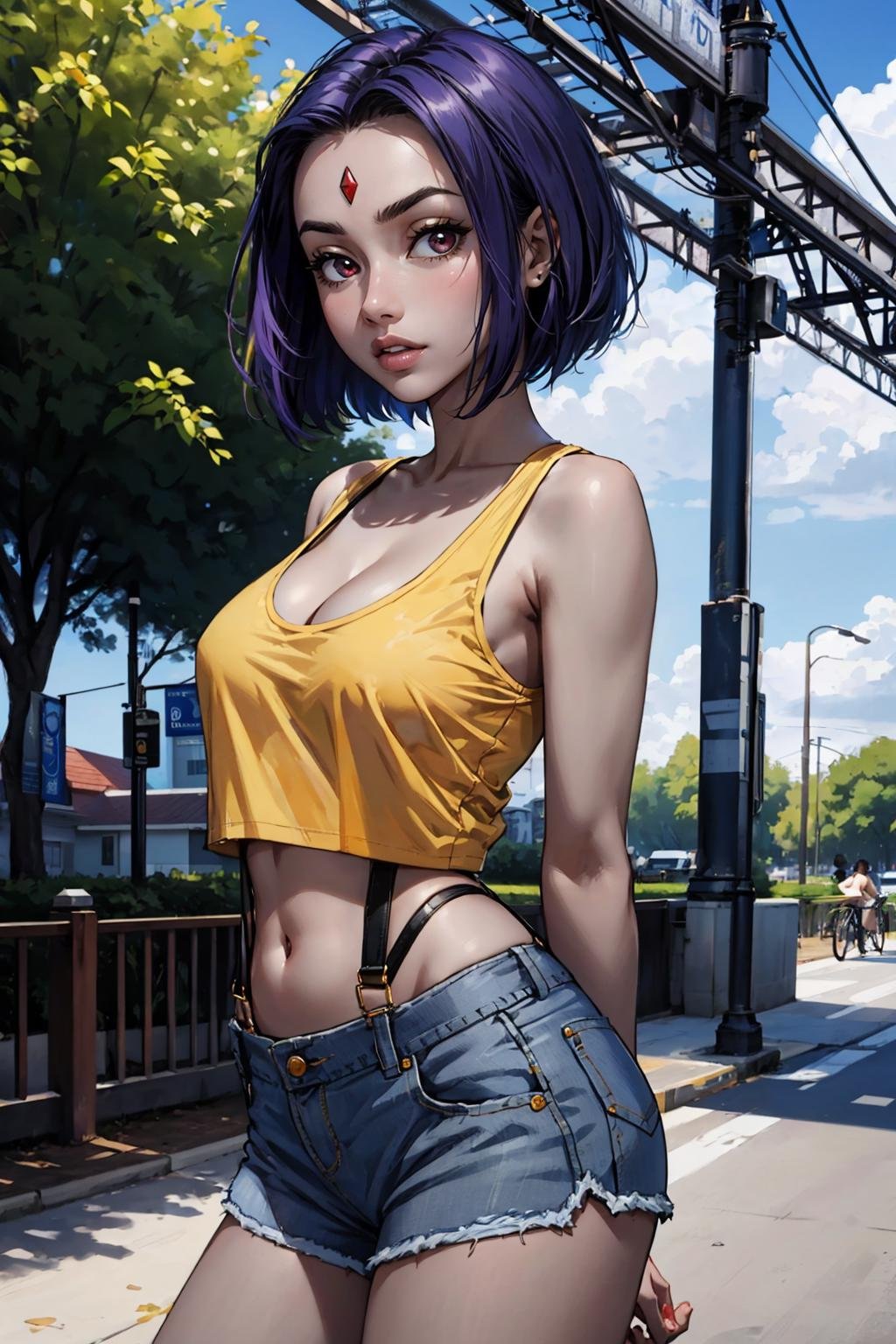 masterpiece, best quality, 1girl, solo, looking at viewer, breasts, <lora:ravdc-guy-v2:.95>, ravdc, (grey skin:1.2), colored skin, forehead jewel, navel, cleavage, shorts, midriff, crop top, short shorts, suspenders, tank top, denim, blue shorts, denim shorts, outdoors, yellow shirt, arms behind back, 