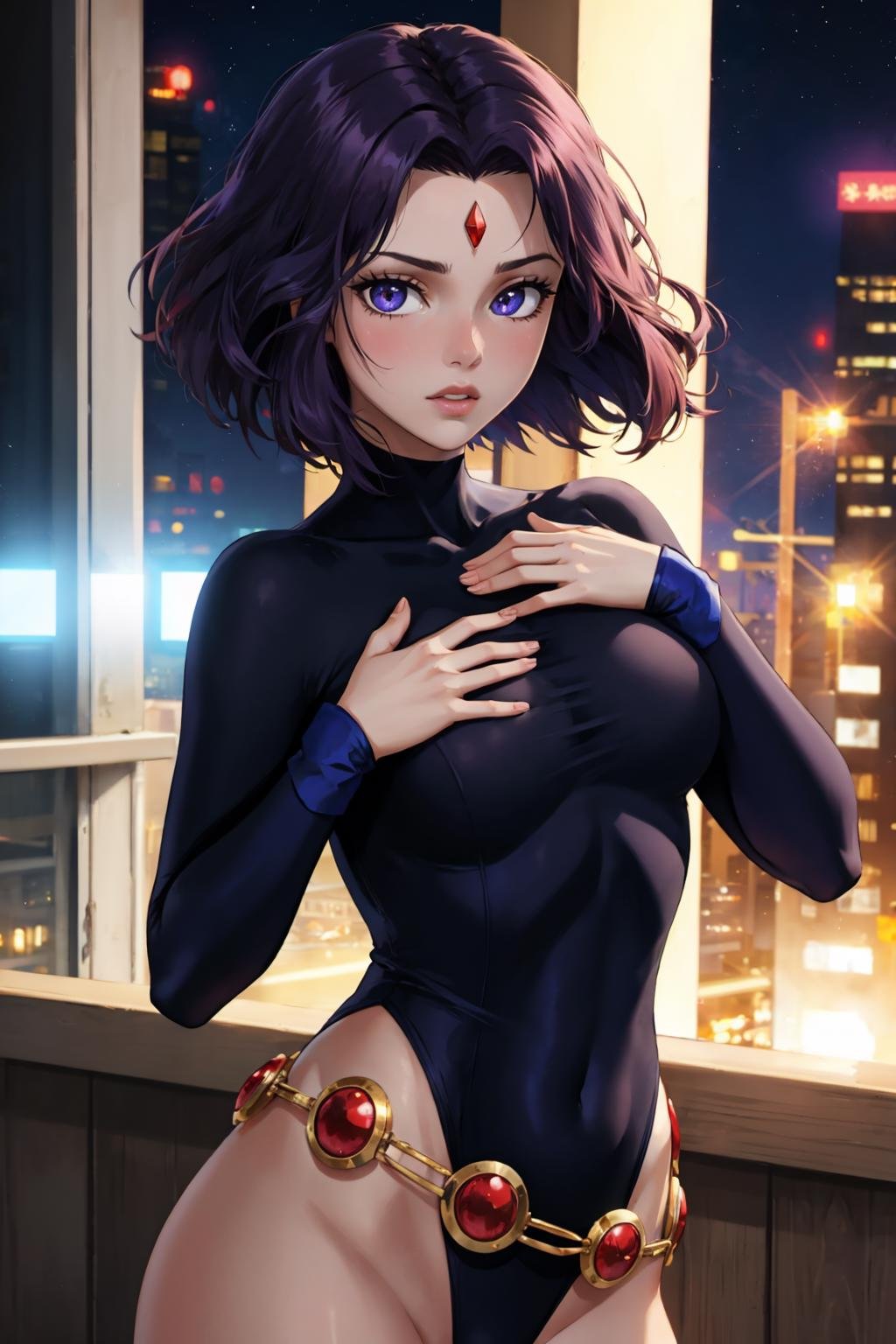 masterpiece, best quality, outdoors, lens flare, light particles, depth of field, 1girl, solo, looking at viewer, breasts, <lora:ravdc-guy-v2:1>, ravdc, grey skin, forehead jewel, leotard, belt, night sky, city, neon lights, cityscape, city lights, hand on own chest, 