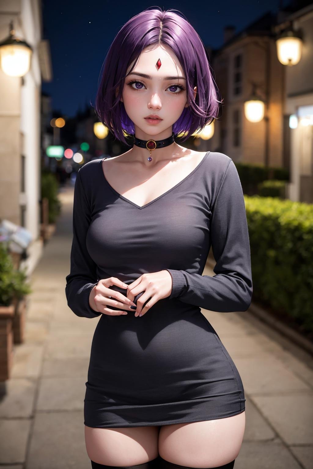 masterpiece, best quality, 1girl, solo, looking at viewer, breasts, <lora:ravdc-guy-v2:.95>, ravdc, (grey skin:1.2), colored skin, forehead jewel, thighhighs, long sleeves, jewelry, standing, short dress, choker, makeup, eyeshadow, gothic, night sky, outdoors, purple hair, 