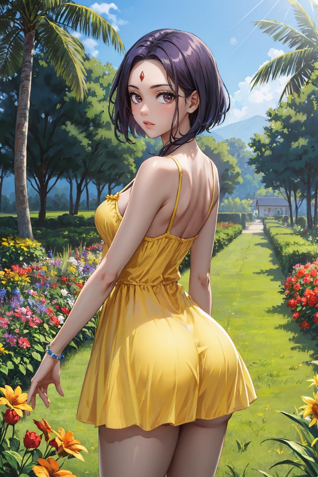 masterpiece, best quality, 1girl, solo, looking at viewer, breasts, <lora:ravdc-guy-v2:.95>, ravdc, (grey skin:1.2), colored skin, forehead jewel, looking at viewer, from behind, (yellow sundress:1.2), outdoors, flower, tropical, field, flower field, garden, depth of field, lens flare, palm tree, 
