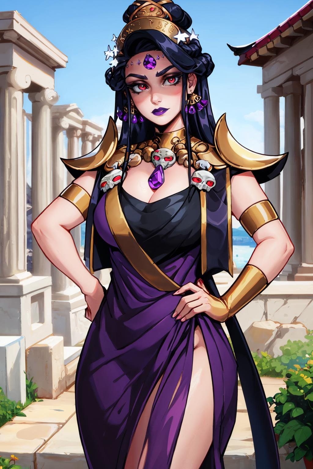 masterpiece, best quality, 1girl, solo, looking at viewer, breasts,  <lora:nyx-guy-v2:1>, nyx, grey skin, earrings, jewelry, makeup, purple lips, dress, necklace, forehead jewel, shoulder armor, purple dress, hair ornament, cleavage, skull, outdoors, depth of field, temple, greek architecture, hands on hips, 