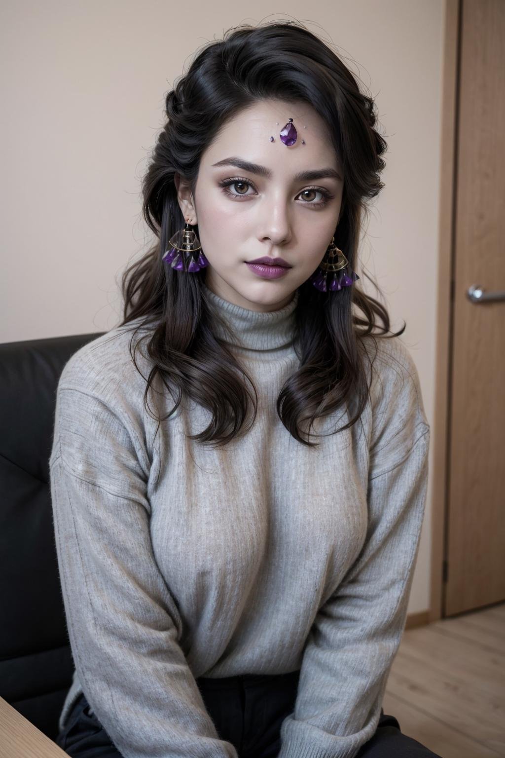masterpiece, best quality, 1girl, solo, looking at viewer, breasts, mature female, <lora:nyx-guy-v2:.9>, nyx, grey skin, earrings, makeup, purple lips, forehead jewel, turtleneck, sweater, pants, casual, office, indoors, 