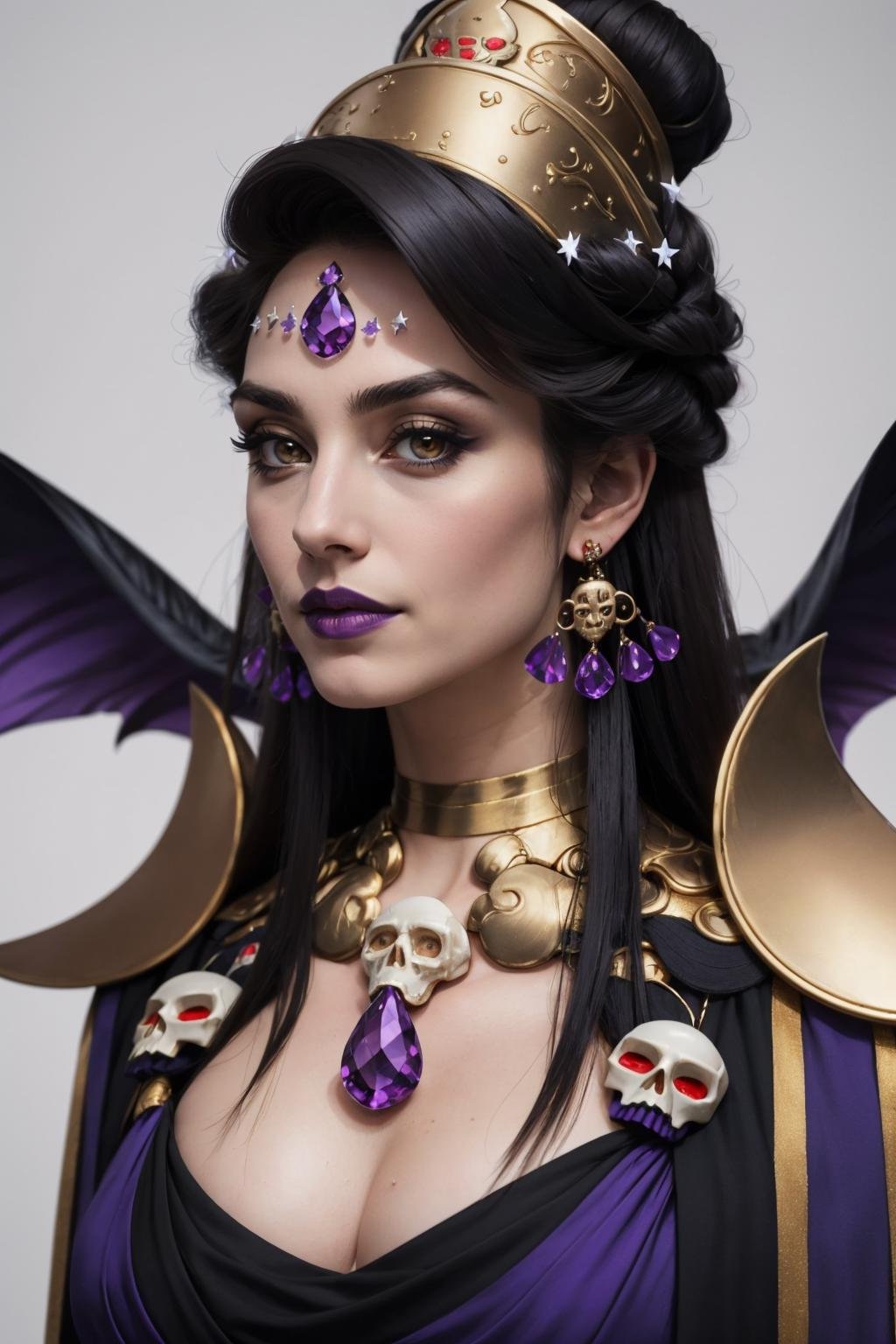 masterpiece, best quality, 1girl, solo, looking at viewer, breasts, <lora:nyx-guy-v2:1>, nyx, grey skin, earrings, jewelry, makeup, purple lips, dress, necklace, forehead jewel, shoulder armor, purple dress, hair ornament, cleavage, portrait, simple background, white background, skull, 