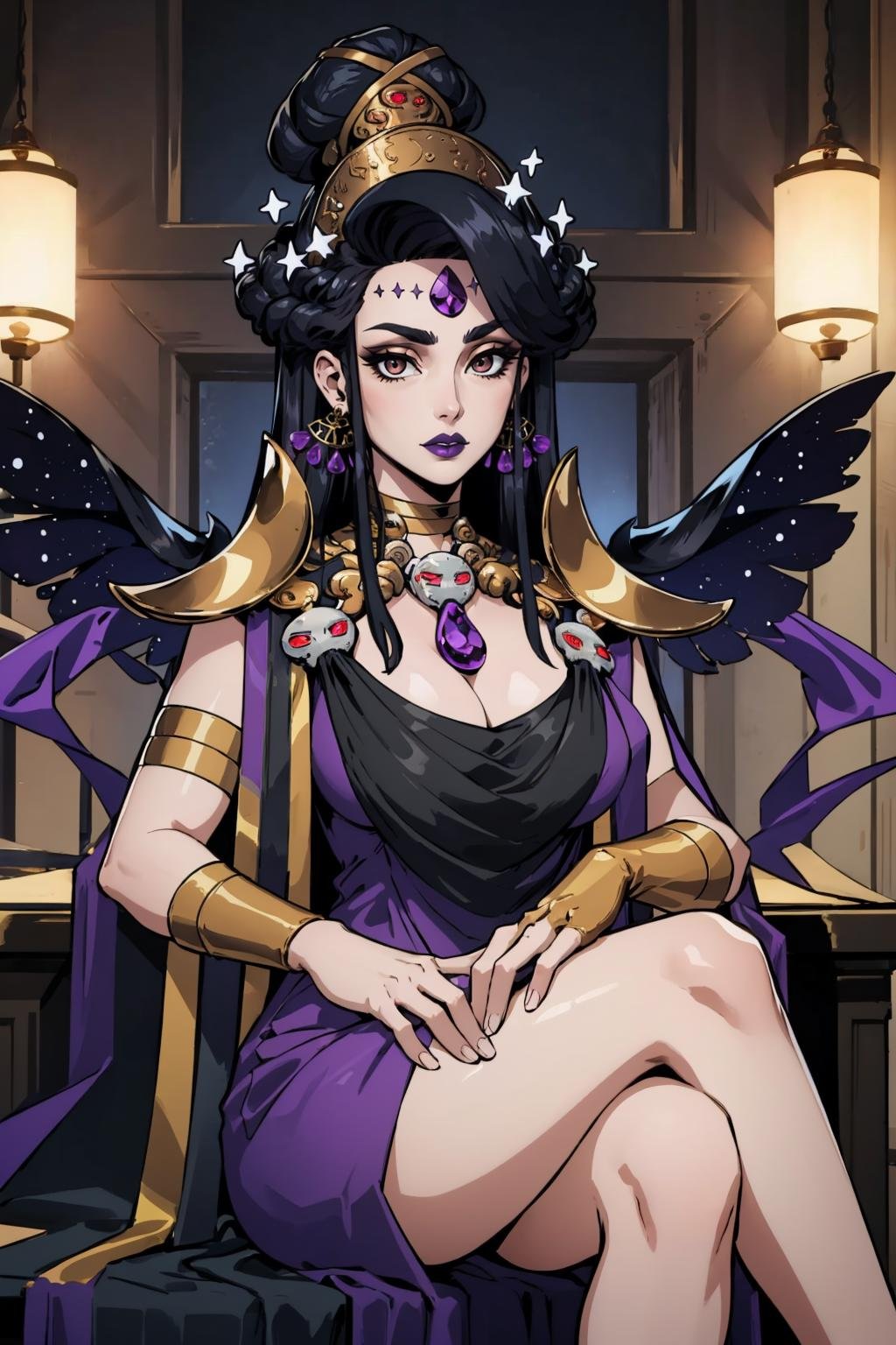 masterpiece, best quality, 1girl, solo, looking at viewer, breasts, <lora:nyx-guy-v2:1>, nyx, grey skin, earrings, jewelry, makeup, purple lips, dress, necklace, forehead jewel, shoulder armor, purple dress, hair ornament, cleavage, sitting, crossed legs, 