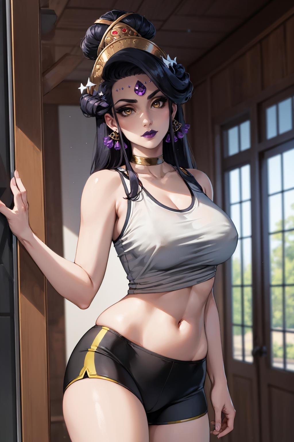 masterpiece, best quality, 1girl, solo, looking at viewer, breasts,  <lora:nyx-guy-v2:.95>, nyx, grey skin, earrings, makeup, purple lips, forehead jewel, hair ornament, bike shorts, tank top, large breasts, midriff, mature female, 