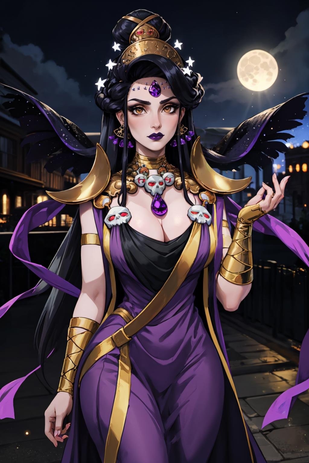masterpiece, best quality, outdoors, light particles, depth of field, lens flare, 1girl, solo, looking at viewer, breasts,  <lora:nyx-guy-v2:1>, nyx, grey skin, earrings, jewelry, makeup, purple lips, dress, necklace, forehead jewel, shoulder armor, purple dress, hair ornament, cleavage, skull, night sky, moon, standing, 