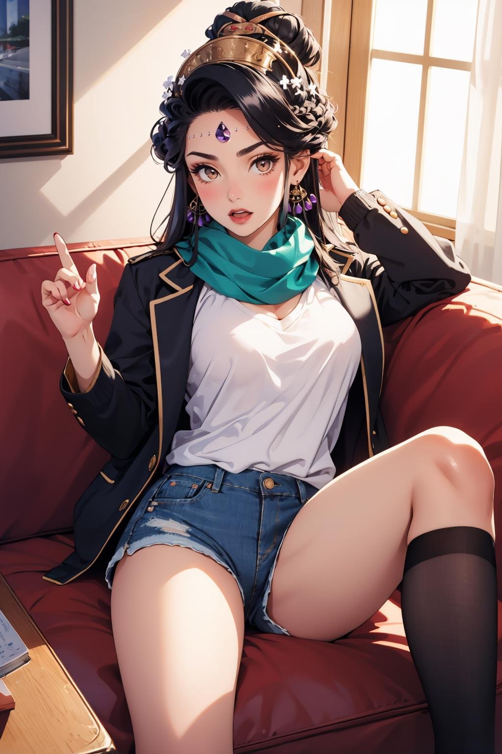 masterpiece, best quality, 1girl, solo, looking at viewer, breasts, mature female, <lora:nyx-guy-v2:.9>, nyx, grey skin, earrings, makeup, purple lips, forehead jewel, hair ornament, scarf, pantyhose, indoors, blush, shorts, jacket, sweater, black pantyhose, open mouth, couch, denim, purple scarf, denim shorts, black jacket, short shorts, long sleeves, open clothes
