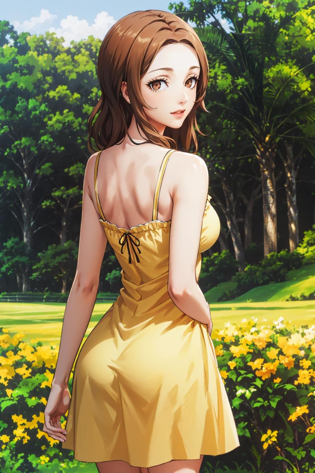 masterpiece, best quality, 1girl, solo, looking at viewer, large breasts, <lora:nkp4-guy-v2:.95>, nkp4, yellow sundress, from behind,  field, depth of field, outdoors,