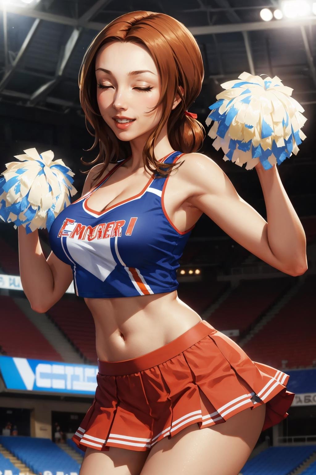 masterpiece, best quality, 1girl, solo, looking at viewer, large breasts, <lora:nkp4-guy-v2:.95>, nkp4, cheerleader, skirt, tank top, navel, pom pom \(cheerleading\), soccer field, closed eyes, excited, smile,