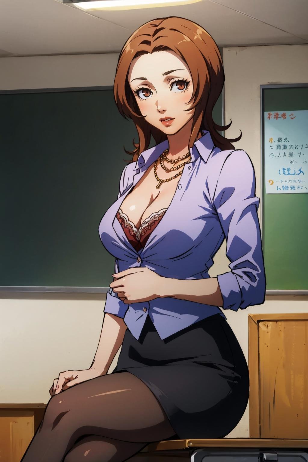 masterpiece, best quality, 1girl, solo, looking at viewer, breasts, <lora:nkp4-guy-v2:.95>, nkp4, shirt, skirt, pencil skirt, pantyhose, cleavage, necklace, bra, sitting, classroom, from below, crossed legs, hand on own chest,