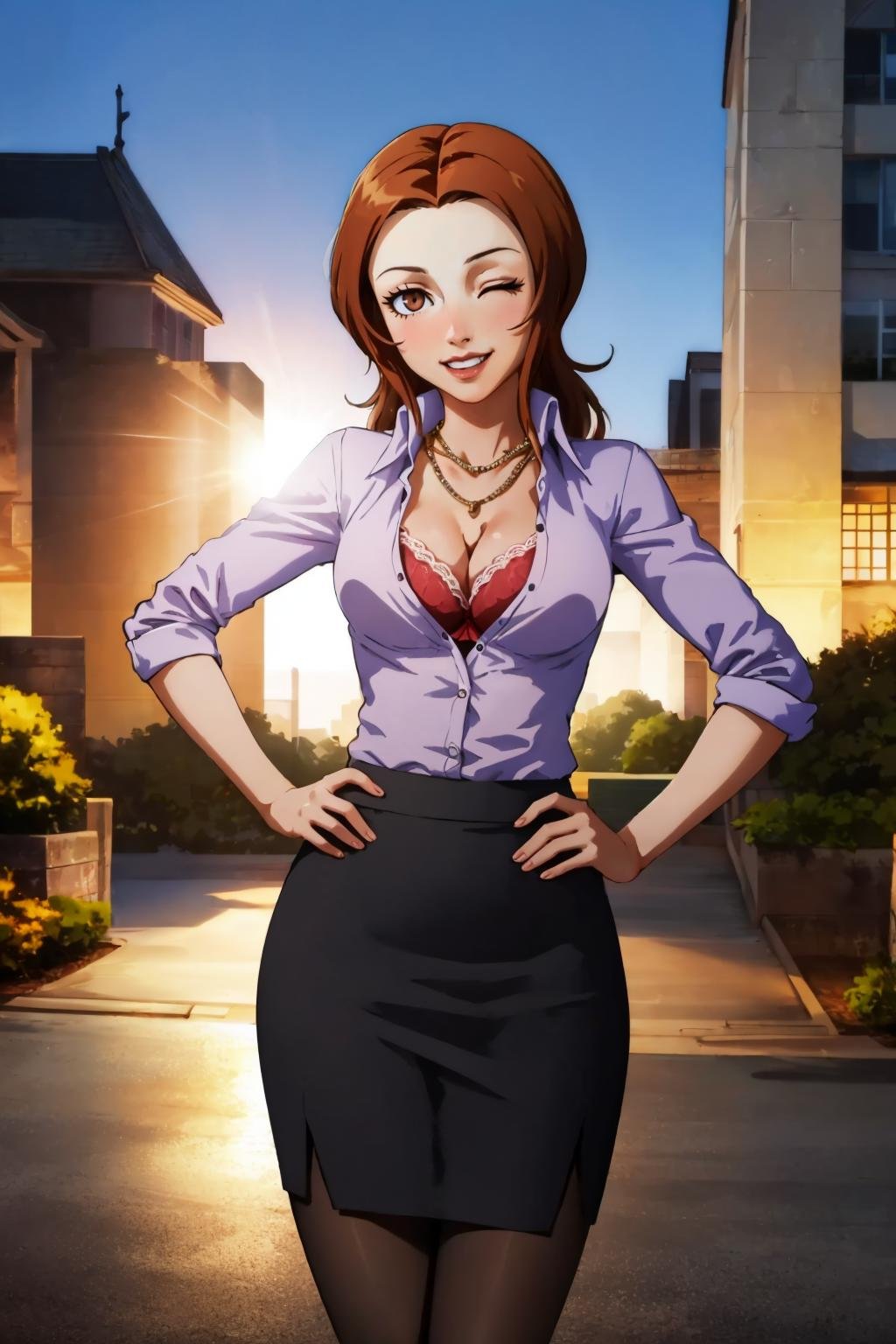 masterpiece, best quality, outdoors, light particles, lens flare, depth of field, 1girl, solo, looking at viewer, breasts, <lora:nkp4-guy-v2:.95>, nkp4, shirt, skirt, pencil skirt, pantyhose, cleavage, necklace, bra, evil grin, one eye closed, hands on hips,