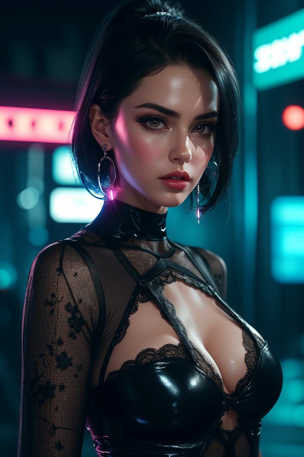 1girl, mature woman, solo, looking at viewer, lace trim dress, chrome dress, earrings, parted lips, puffy lips, shiny skin, pink lips, eyelashes, skin tight, neon lights, cyberpunk, ultra sharp, 8k resolution, hdr, lazer ray, midnight clubbackground