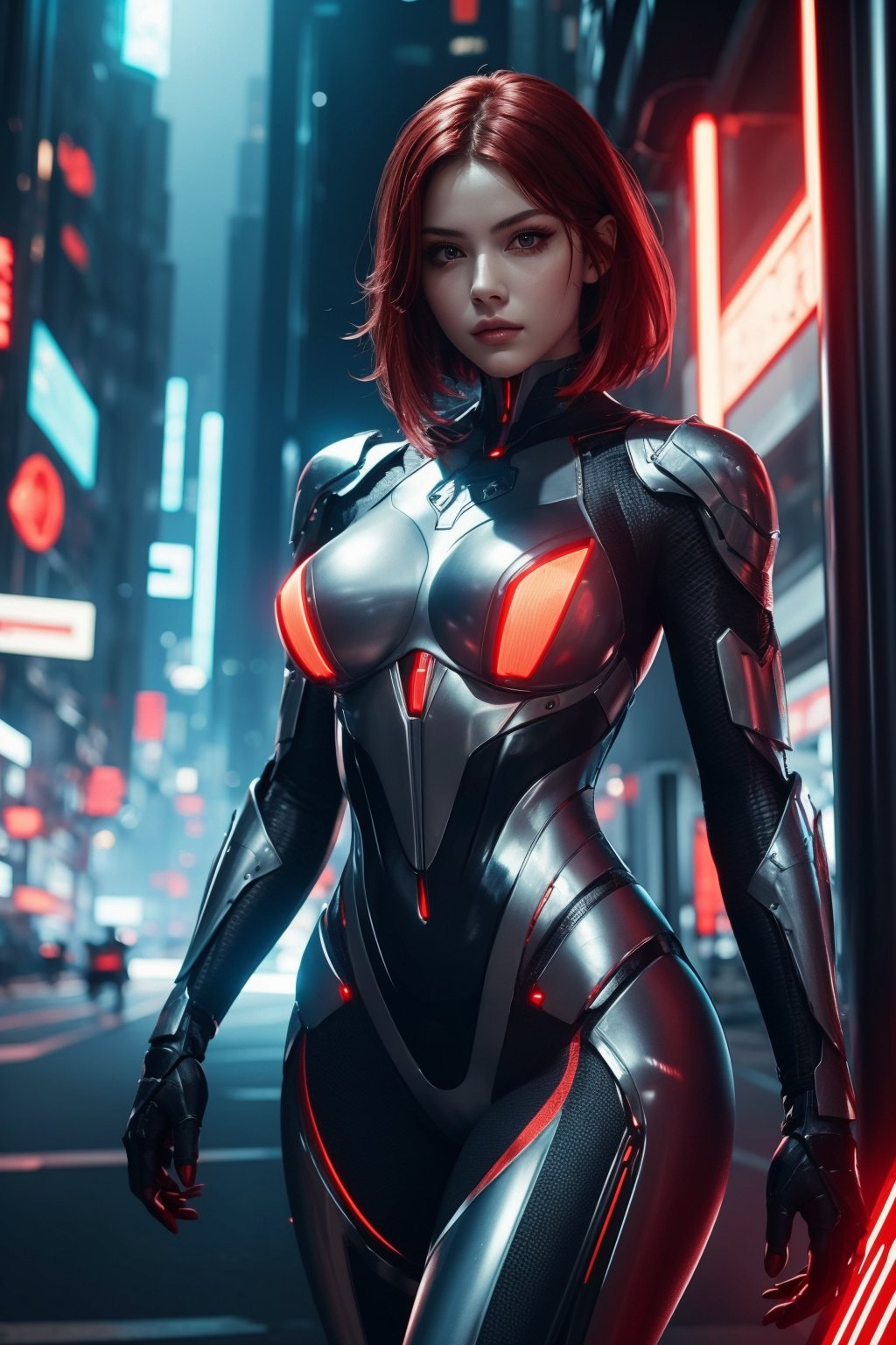 masterpiece, 1girl, beautiful face, red eyes, (red light), skindentation, detailed crimson hair, hourglass body, perky Breasts, skin tight body Armor, Armor plates, glowing light, futuristic, cyberpunk bodysuit, (upper body:0.4), skinny waist, large hip, futuristic city, ultra realistic, ultra resolution,
