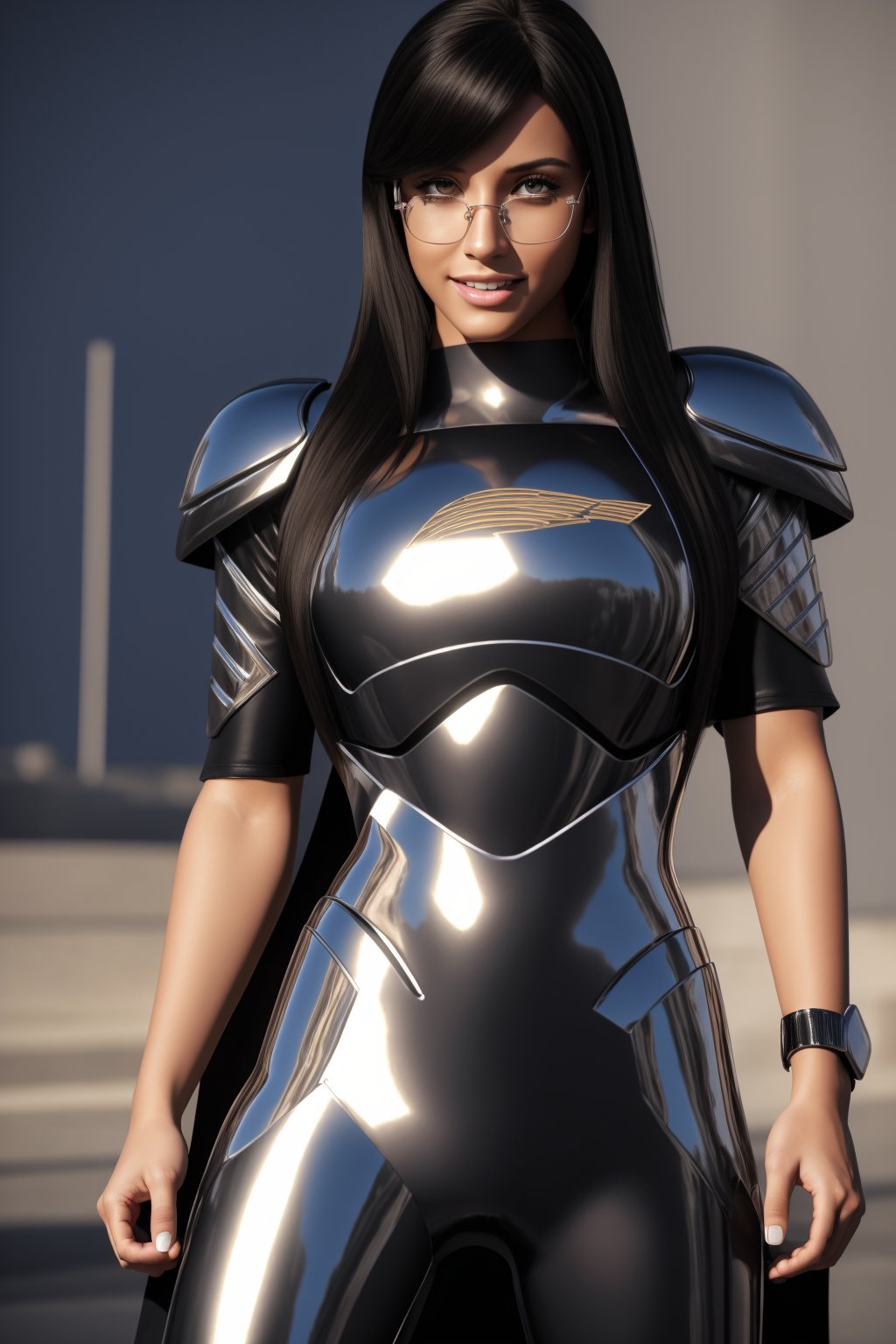 Beautiful 25 year old woman, hazel eyes, She has a body of a fitness model, large breasts, black hair, long hair:1.1, (glasses), bangs, hair between eyes, smiling, hourglass body shape, slim waist, full-body_portrait, tight fit armor, (full platinum armor), fullbody, standing, cape aura:1.2, battle stance, masterpiece, best quality, ultra detailed, (detailed background), perfect shading, high contrast, best illumination, extremely detailed, ray tracing, realistic lighting effects, neon noir illustration,highres,gaoranger