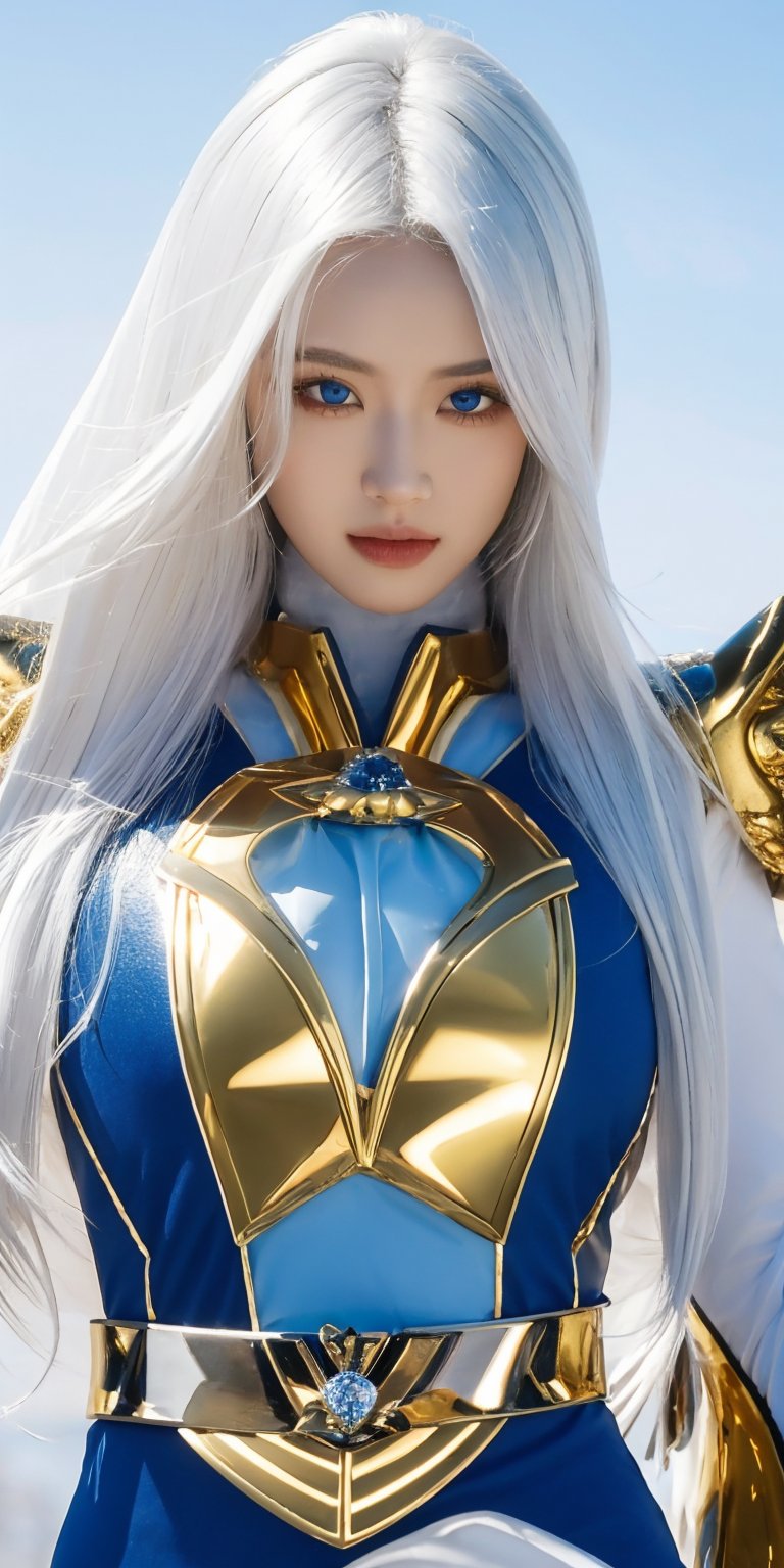 (masterpiece, best quality,high detailed), 1girl, age 26, 8k, realistic, sharp focus, photorealistic image of a graceful white haired lady, blue eyes, this lady wearing golden armor with golden magical bell in her possesion, shiny skin, ice theme, huoshen, zhurongshi, huoshen, blurry_light_background,gaoranger